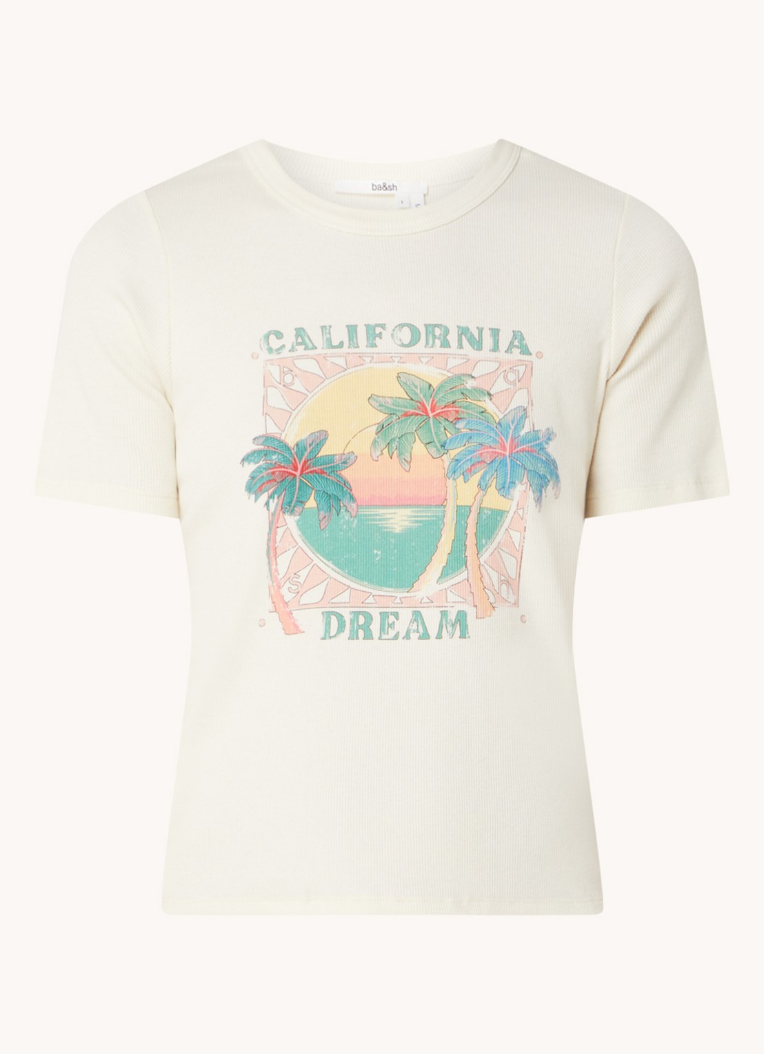ba&sh Cerena T-shirt met ribstructuur en print - voorkant 2 creme