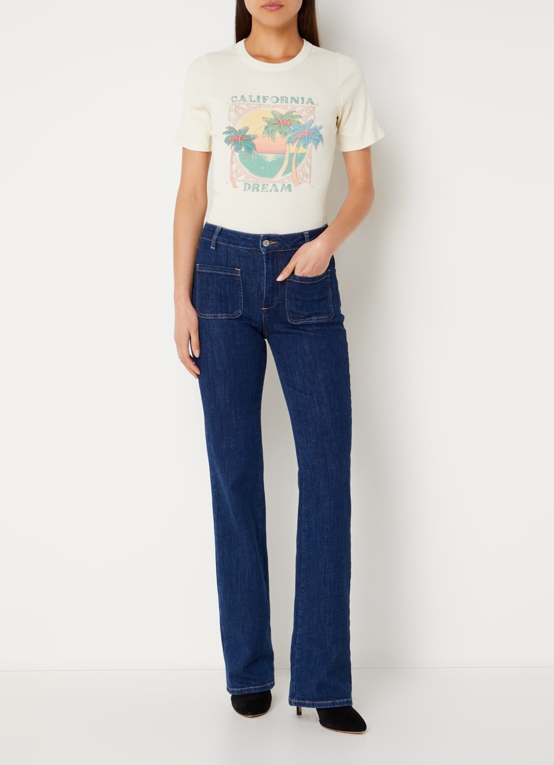 ba&sh Cerena T-shirt met ribstructuur en print - voorkant 3 creme