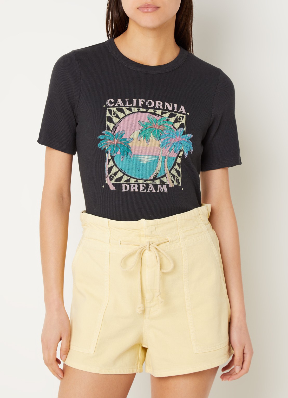 ba&sh Cerena T-shirt met ribstructuur en print - detail antraciet