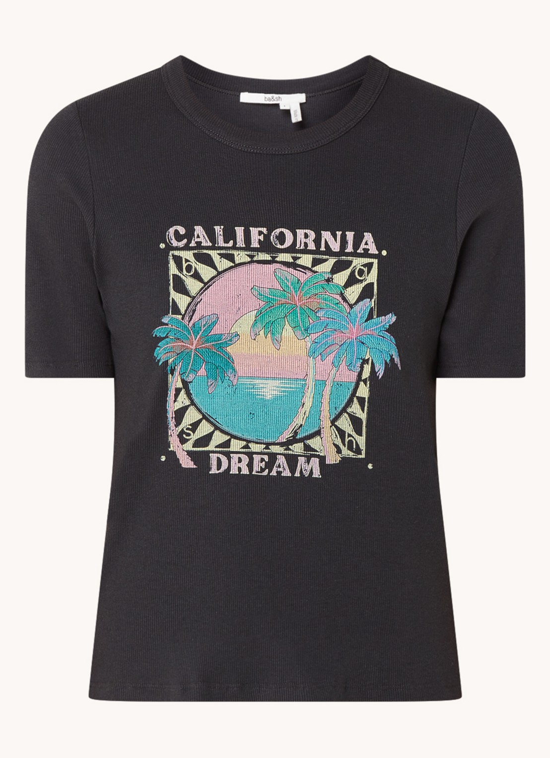 ba&sh Cerena T-shirt met ribstructuur en print - voorkant 3 antraciet