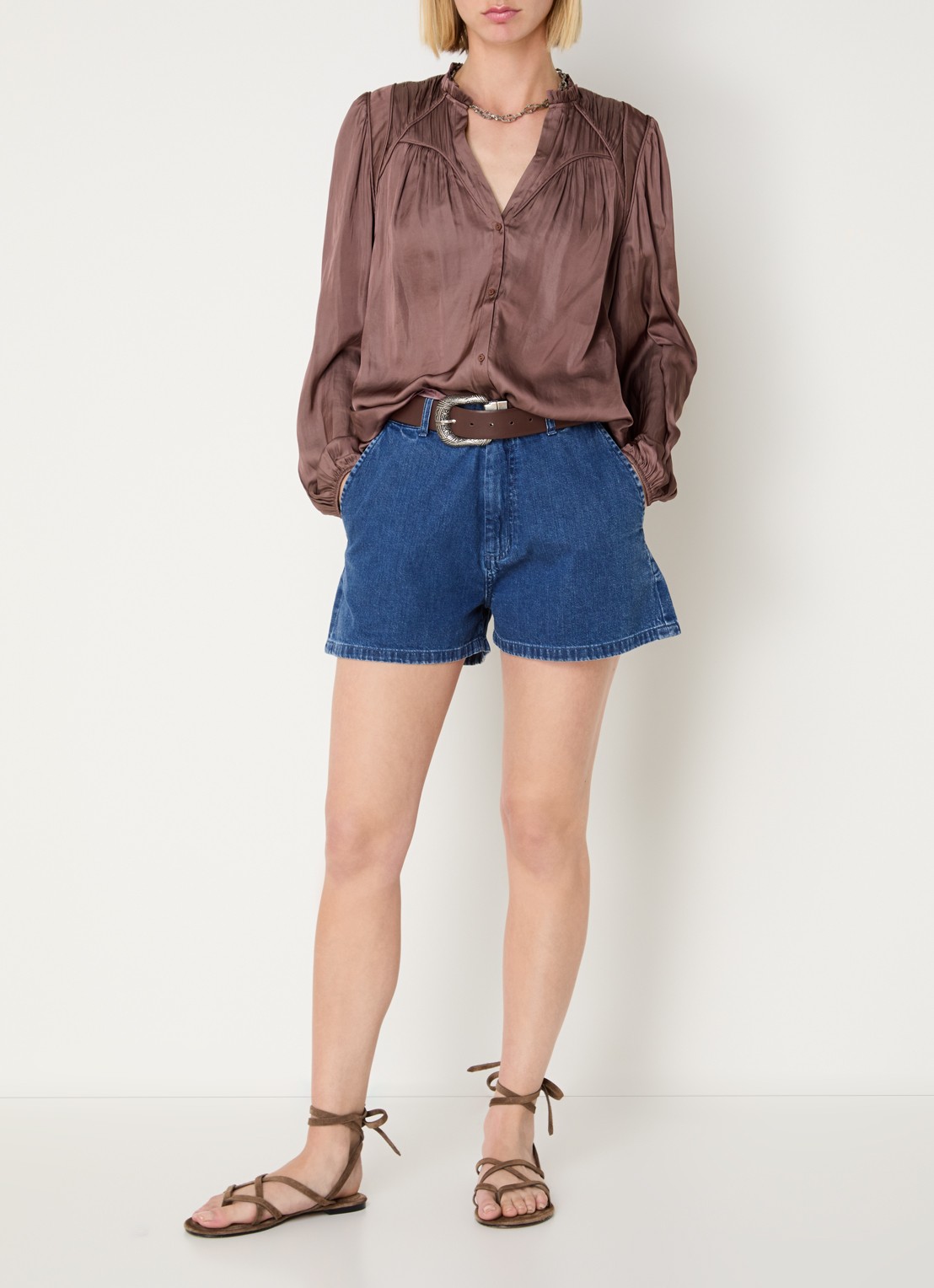 ba&sh Cesira blouse met plooidetail - voorkant 3 bruin