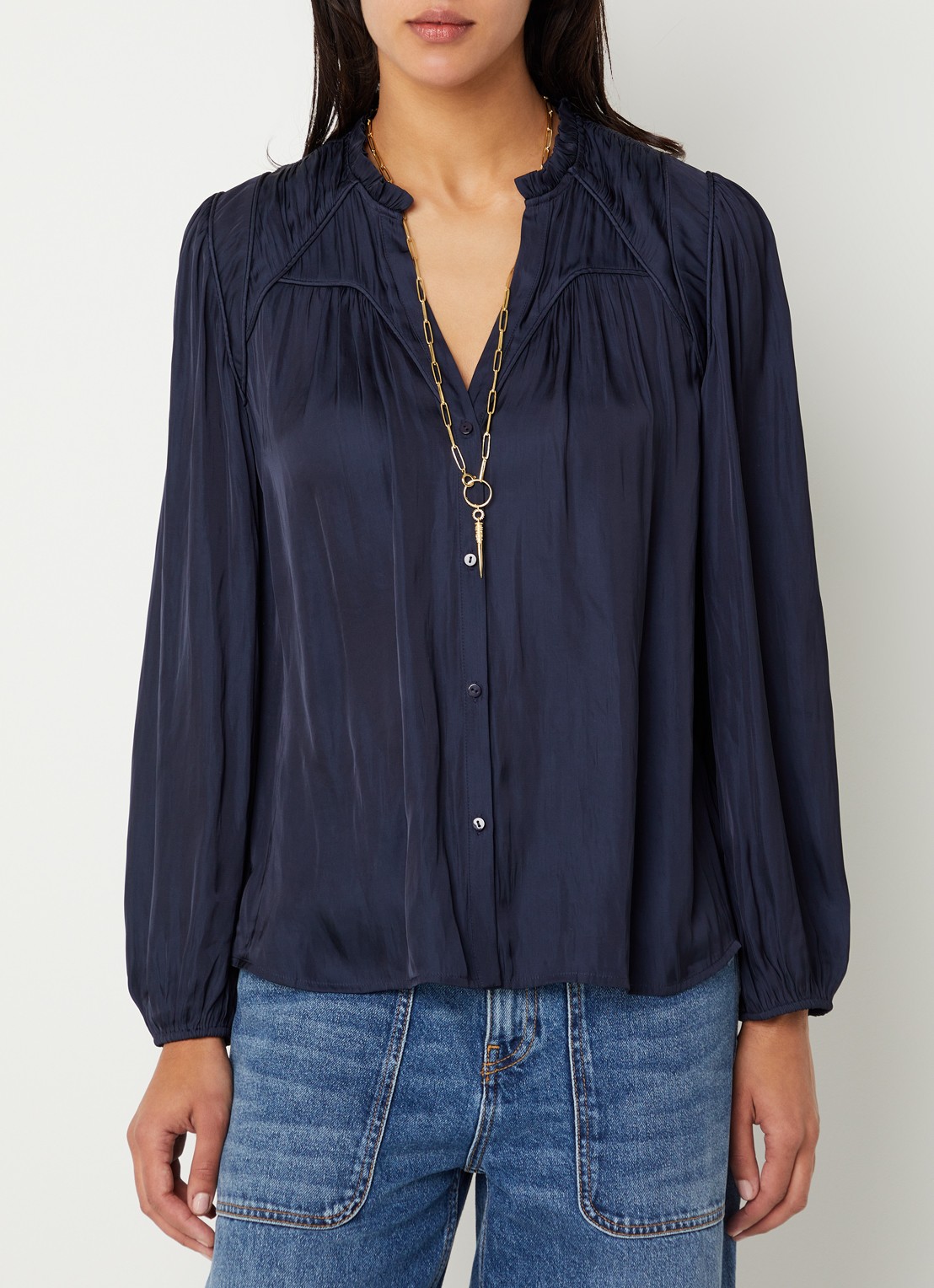 ba&sh Cesira blouse met plooidetail - detail 2 donkerblauw