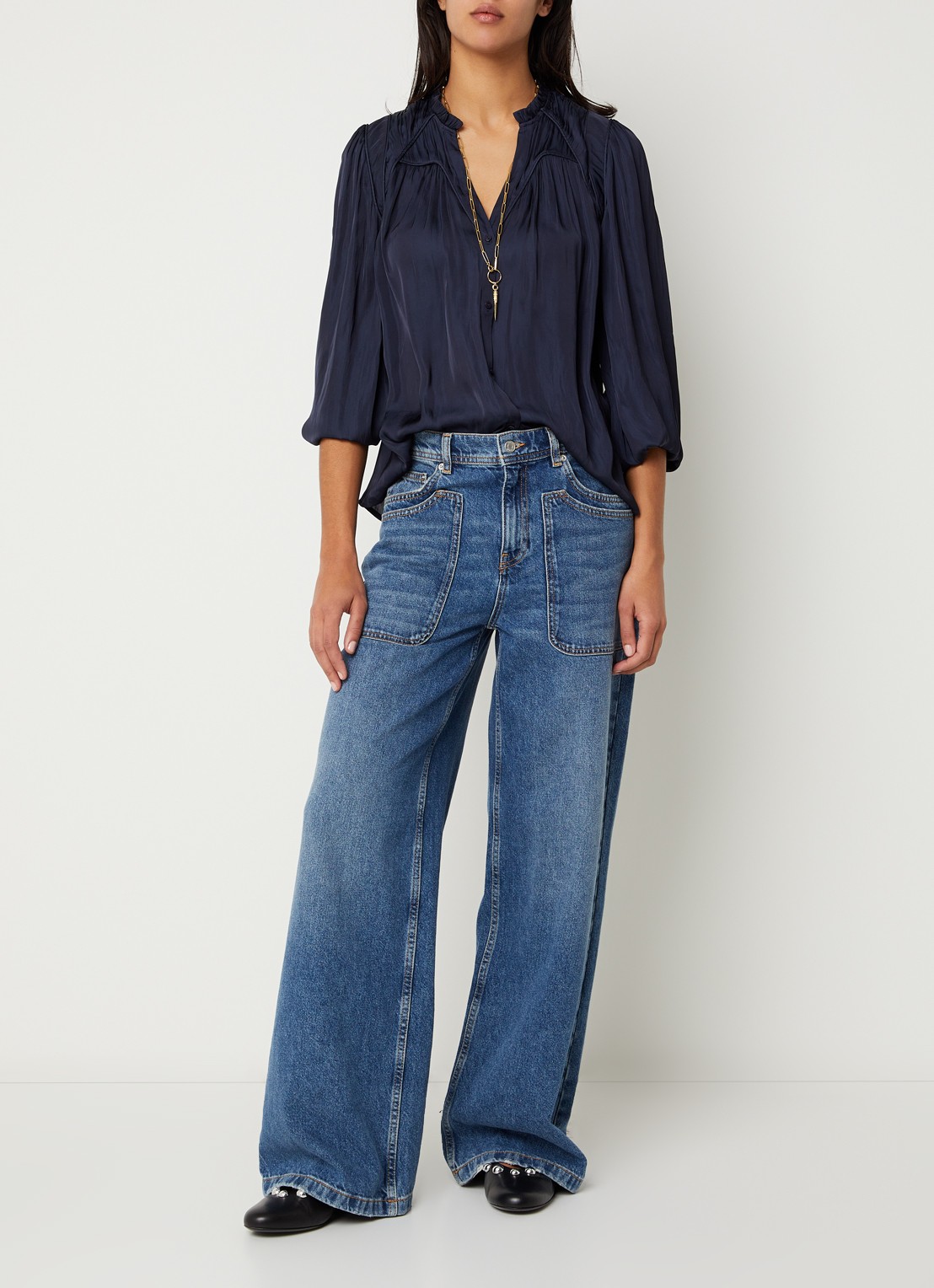 ba&sh Cesira blouse met plooidetail - voorkant 4 donkerblauw
