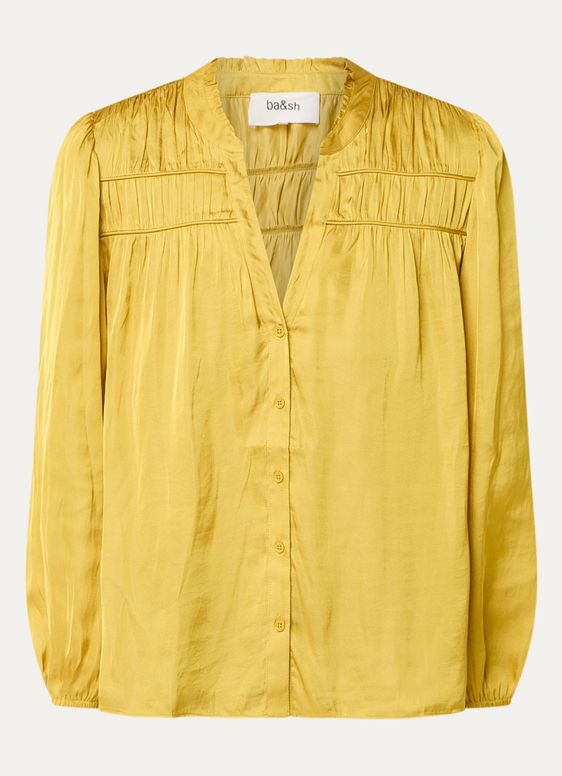 ba&sh Cessia blouse van satijn met ruches - voorkant okergeel