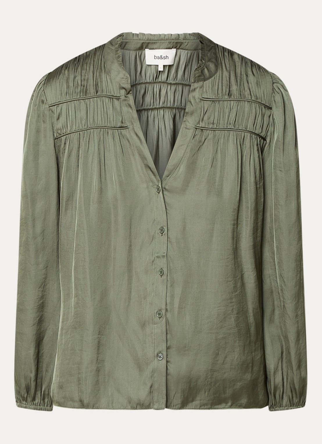 ba&sh Cessia blouse van satijn met ruches - voorkant legergroen