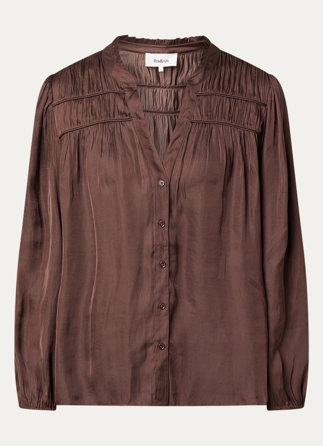 ba&sh Cessia blouse van satijn met ruches - voorkant 3 donkerbruin