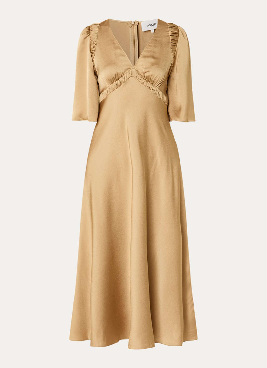 ba&sh Charlotte midi jurk met V-hals - voorkant 2 camel
