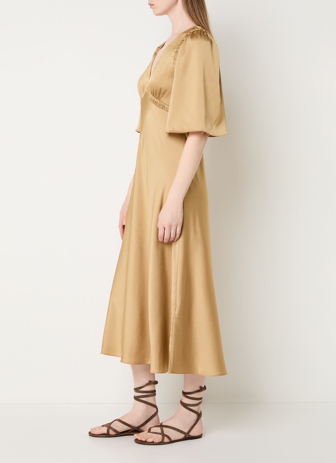 ba&sh Charlotte midi jurk met V-hals - voorkant 3 camel