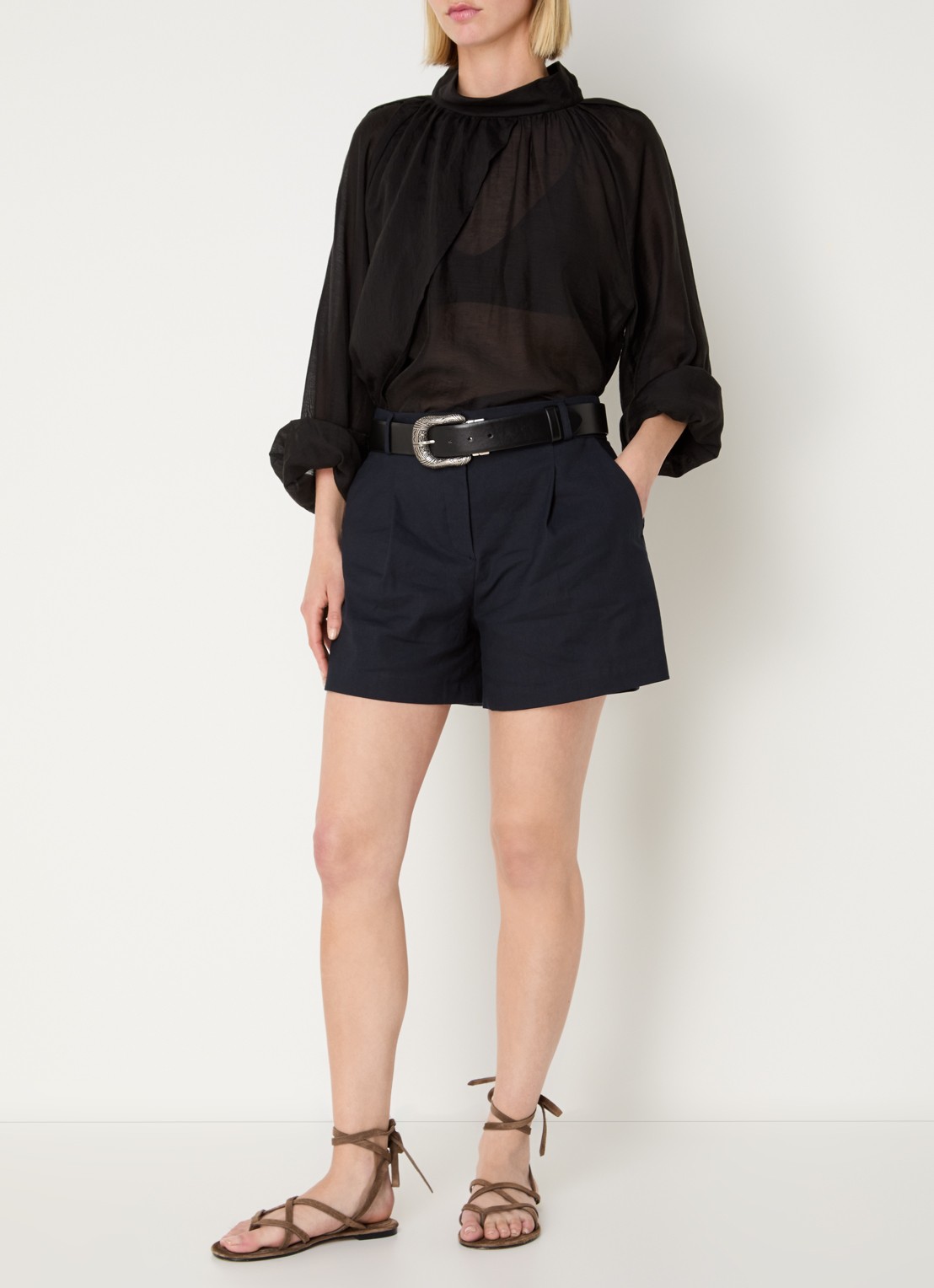 ba&sh Cilo high waist wide fit korte broek in linnenblend - voorkant 4 donkerblauw