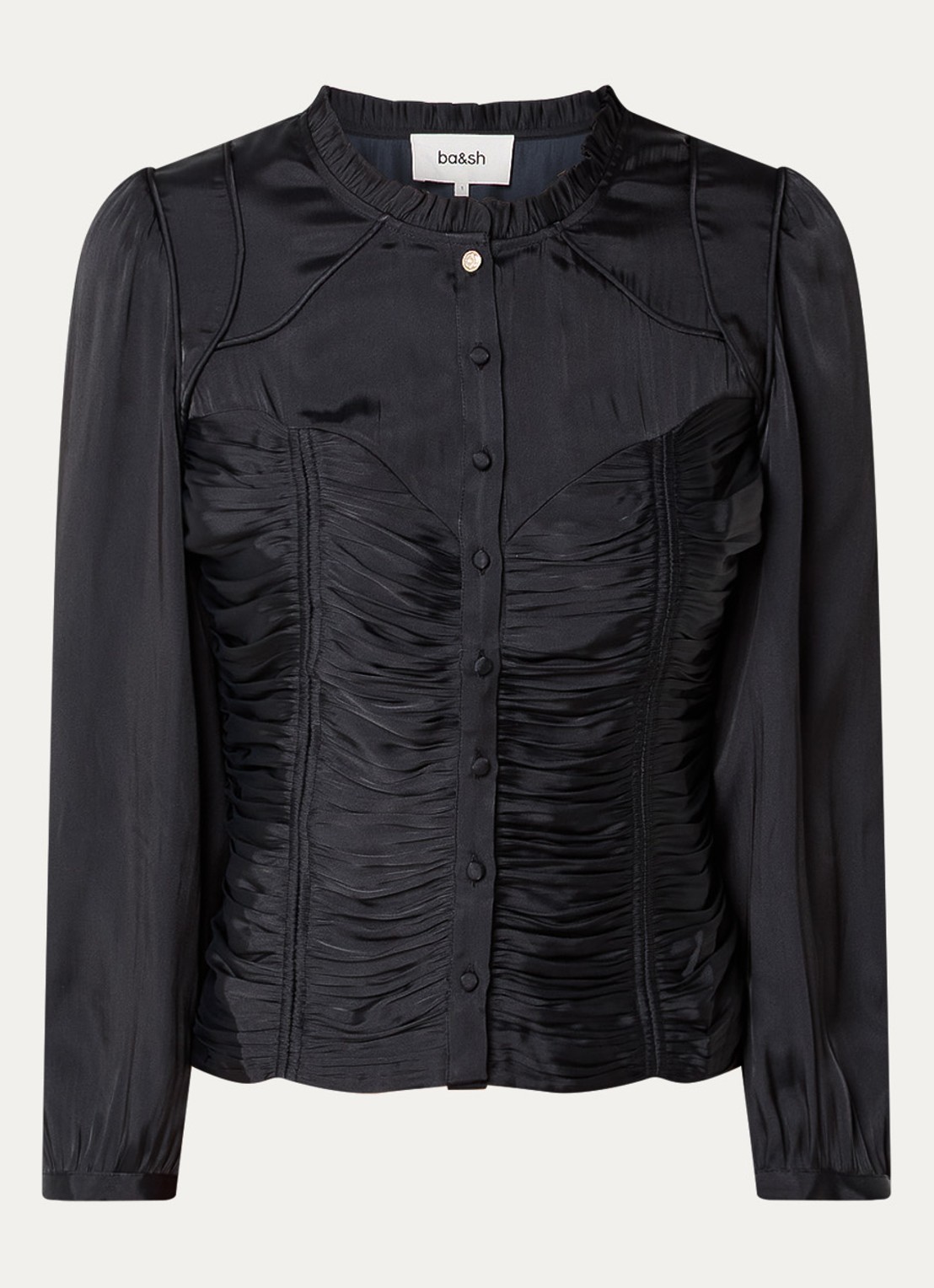 ba&sh Cimila blouse van satijn met smockwerk - voorkant 2 zwart