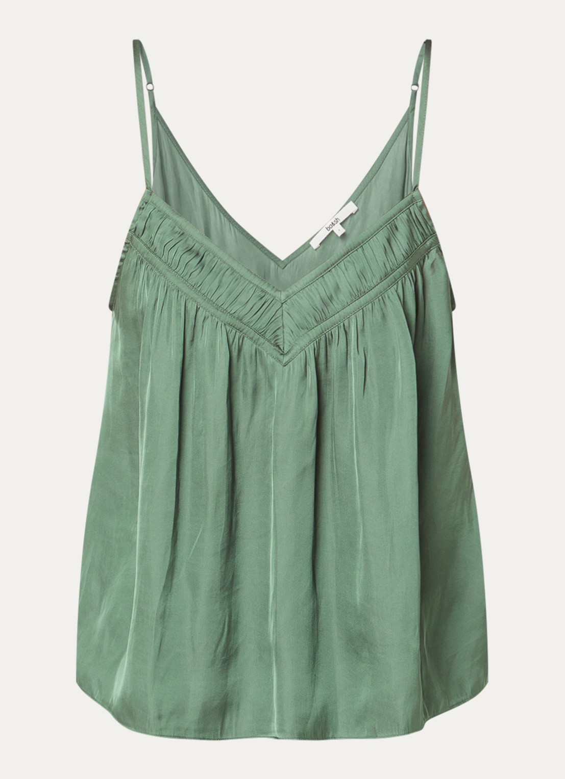 ba&sh Clovis top met spaghetti bandjes en glanzende finish  - voorkant khaki