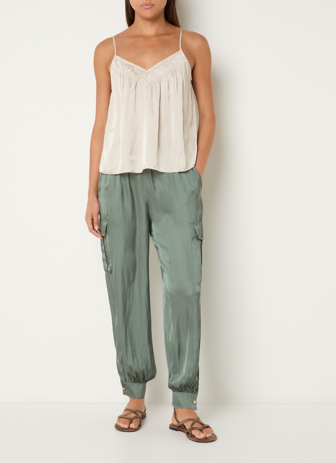 ba&sh Clovis top met spaghetti bandjes en glanzende finish  - voorkant 3 beige