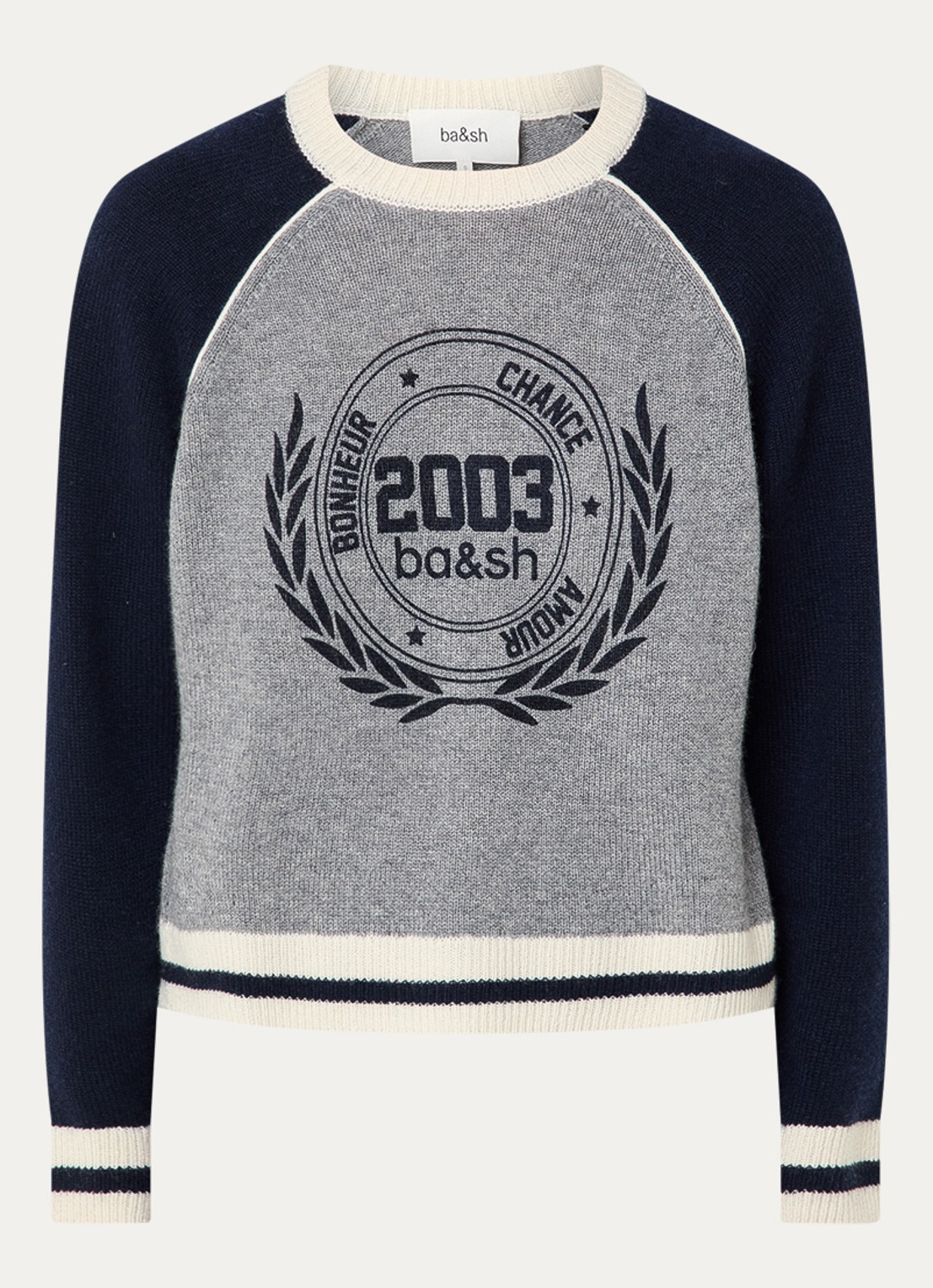 ba&sh Colette fijngebreide trui van kasjmier met logoprint - voorkant 3 donkerblauw