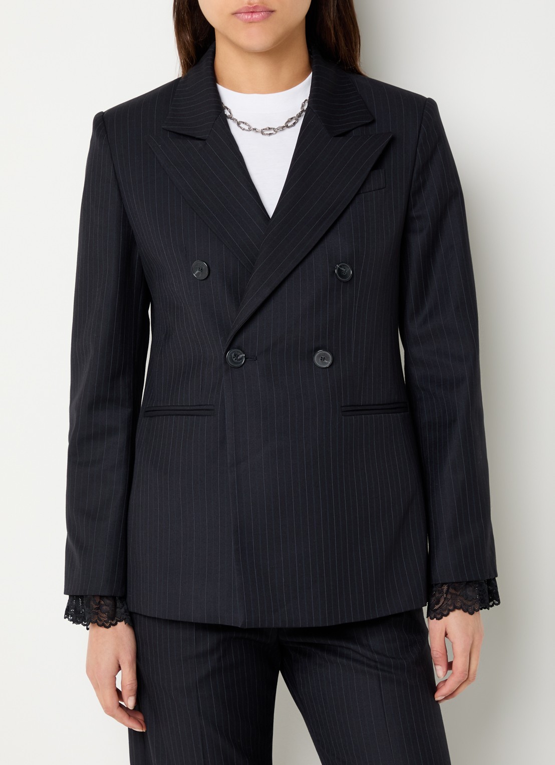 ba&sh Coline double-breasted blazer in wolbend met krijtstreep  - detail 4 donkerblauw