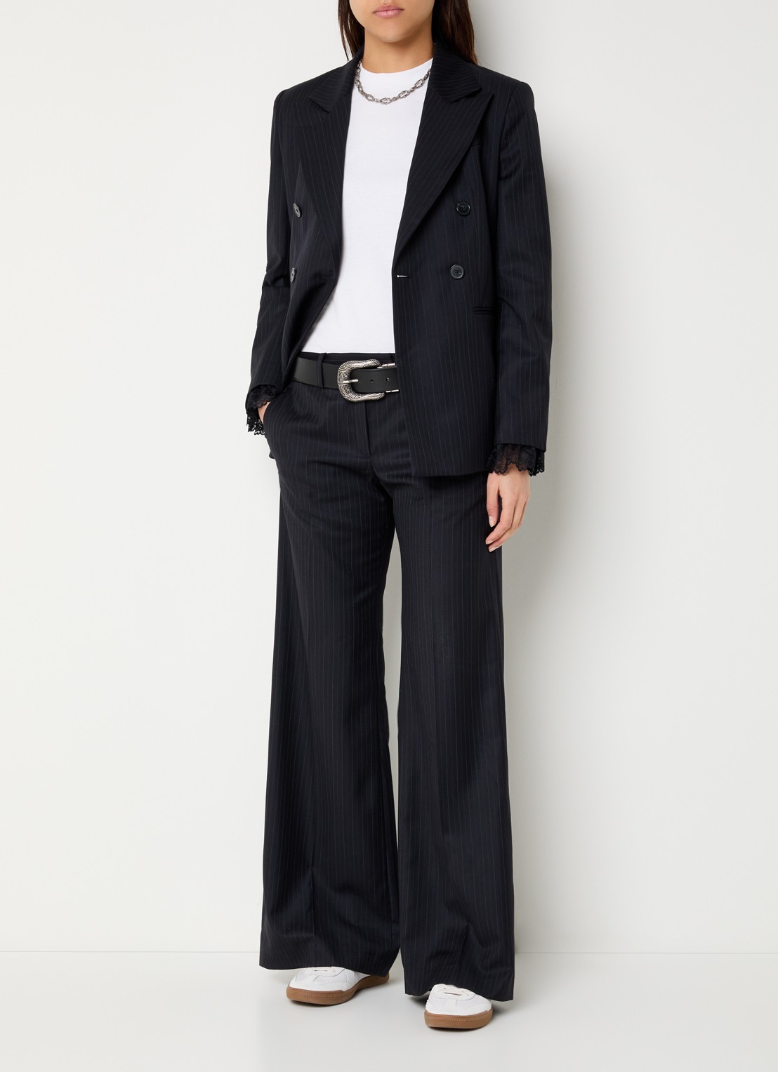 ba&sh Coline double-breasted blazer in wolbend met krijtstreep  - voorkant 3 donkerblauw