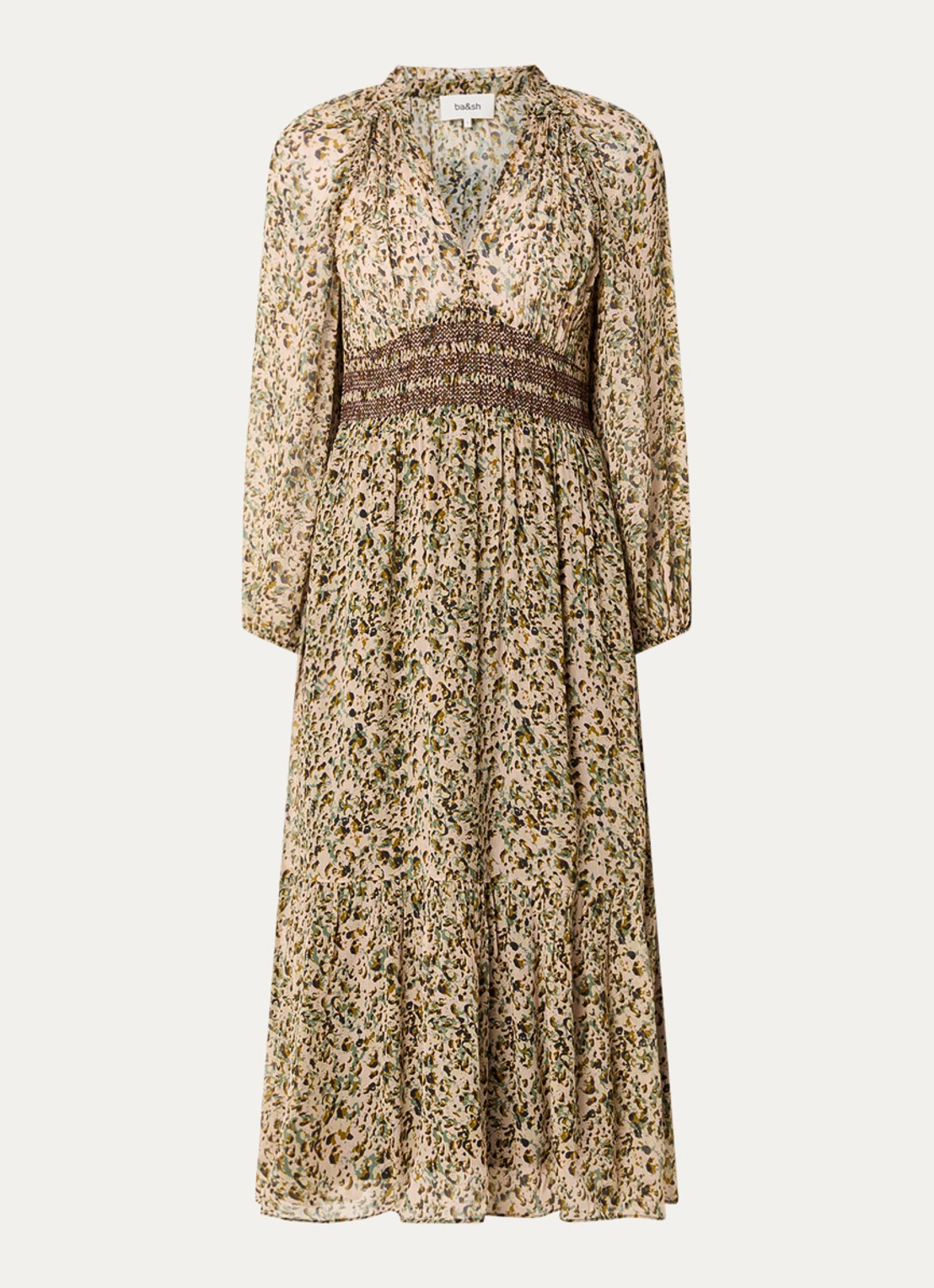 ba&sh Coraly midi tuniekjurk met pofmouw en print - voorkant legergroen