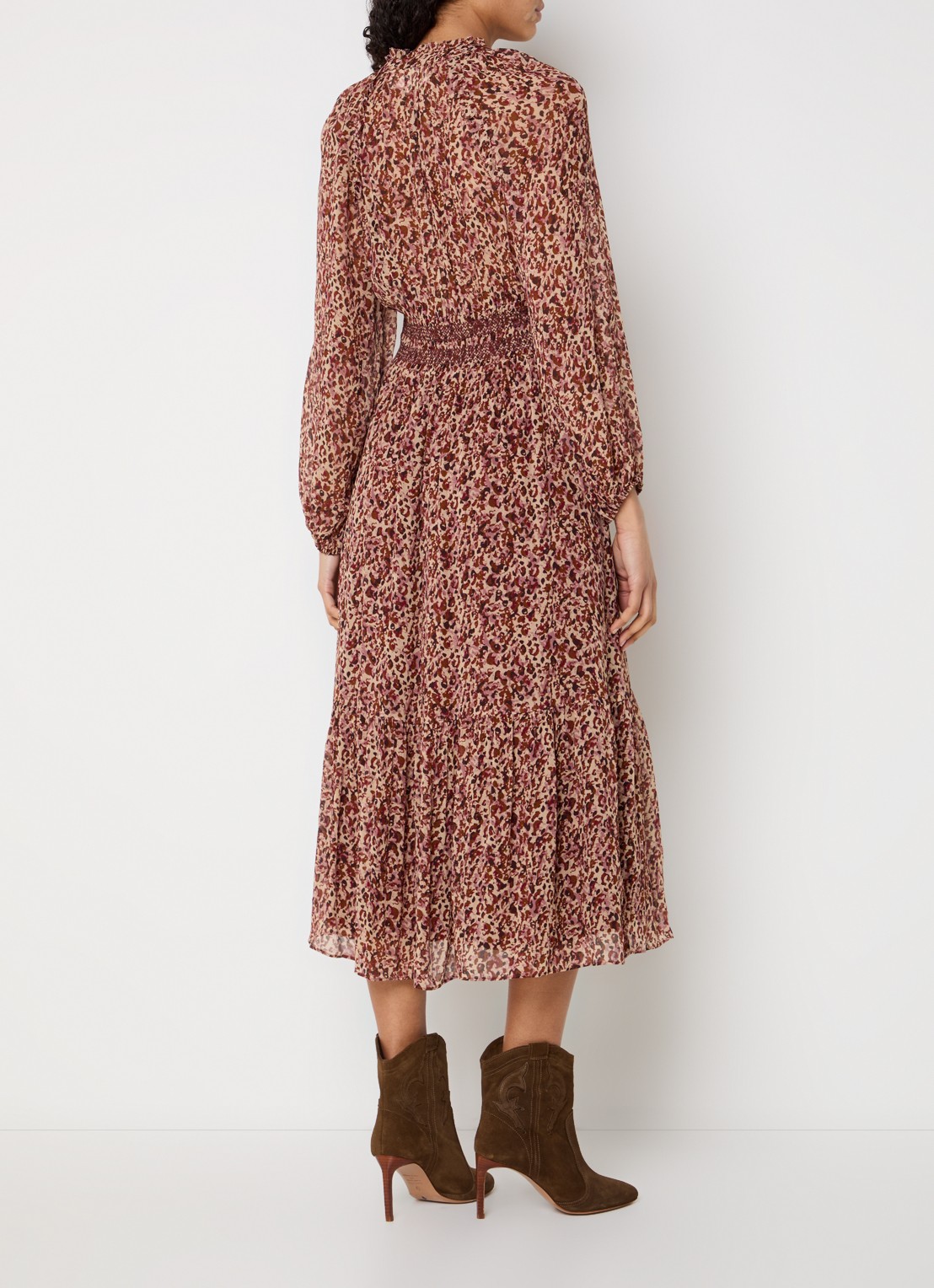 ba&sh Coraly midi tuniekjurk met pofmouw en print - achterkant 2 bordeauxrood