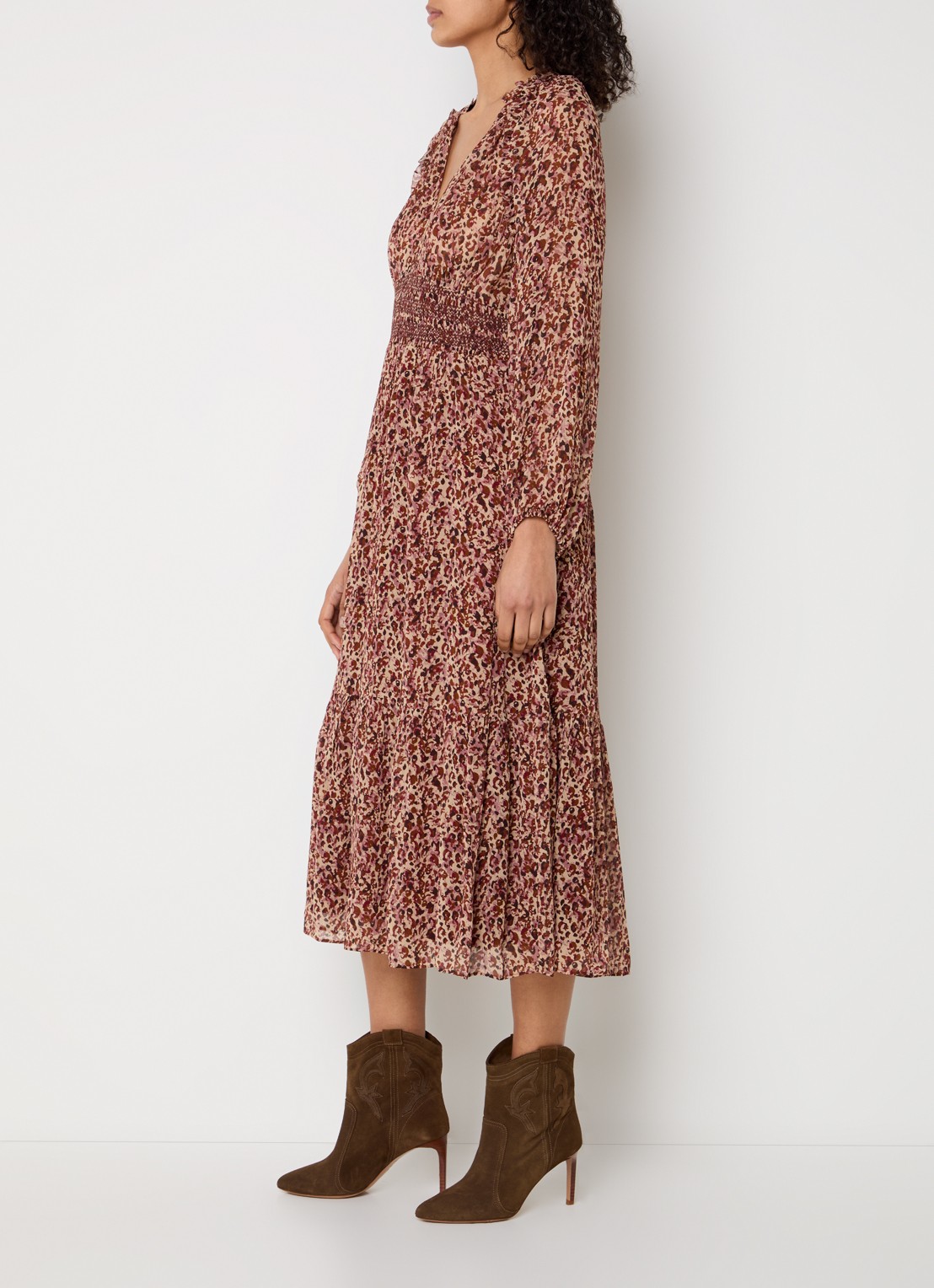 ba&sh Coraly midi tuniekjurk met pofmouw en print - voorkant 4 bordeauxrood