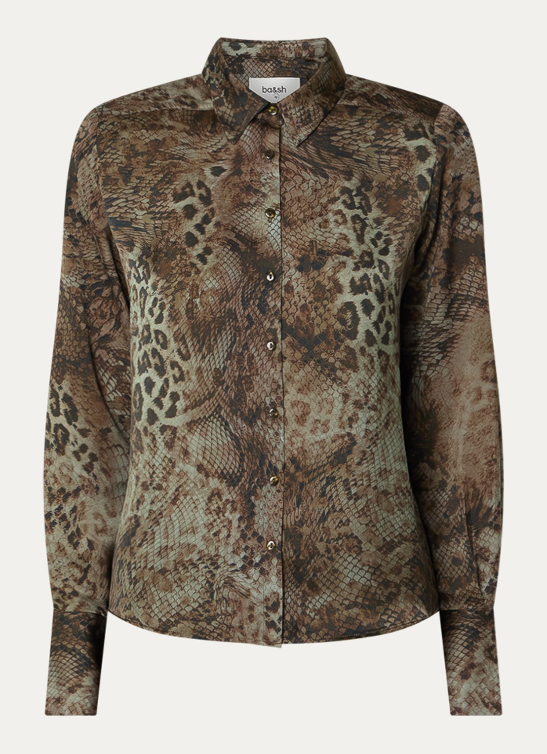 ba&sh Cornelia blouse met dierenprint - voorkant khaki
