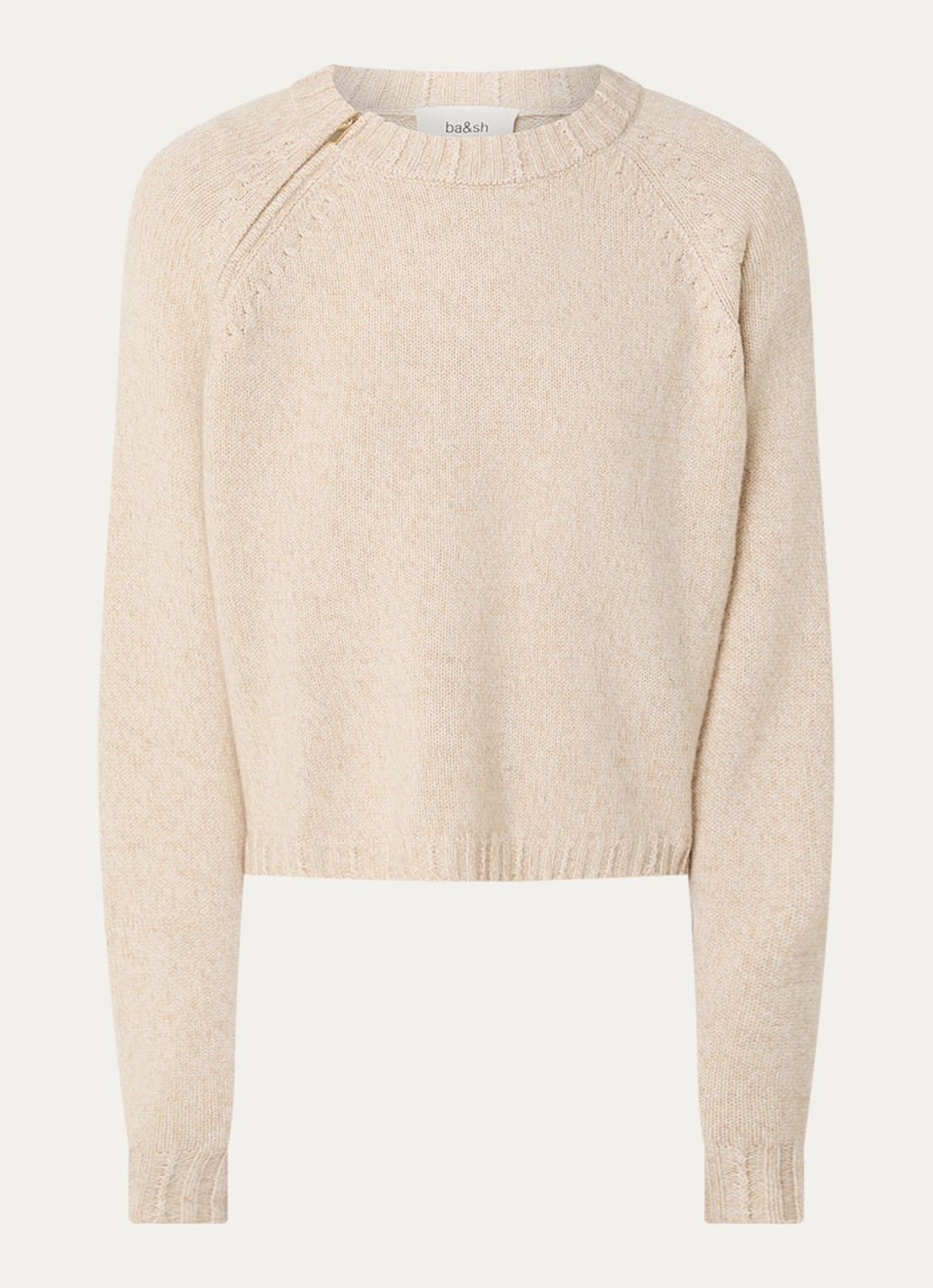 ba&sh Corvy fijngebreide trui van kasjmier met ritsdetail - voorkant beige