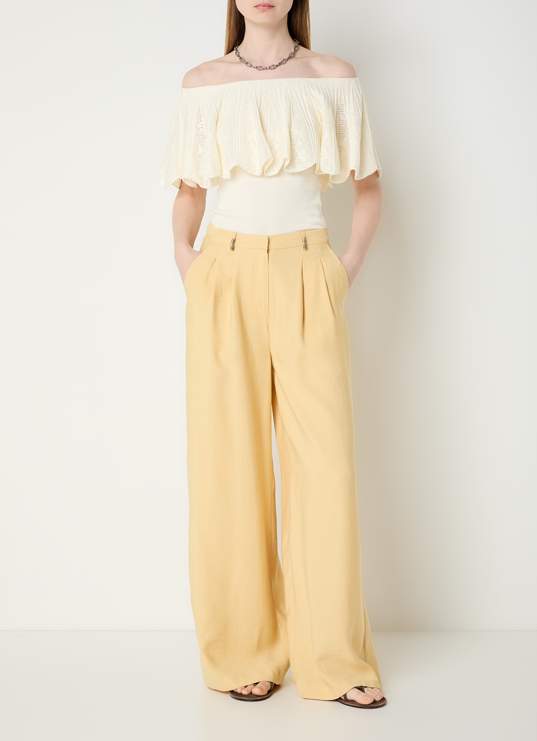 ba&sh Deana high waist wide leg pantalon met steekzakken - voorkant 3 geel