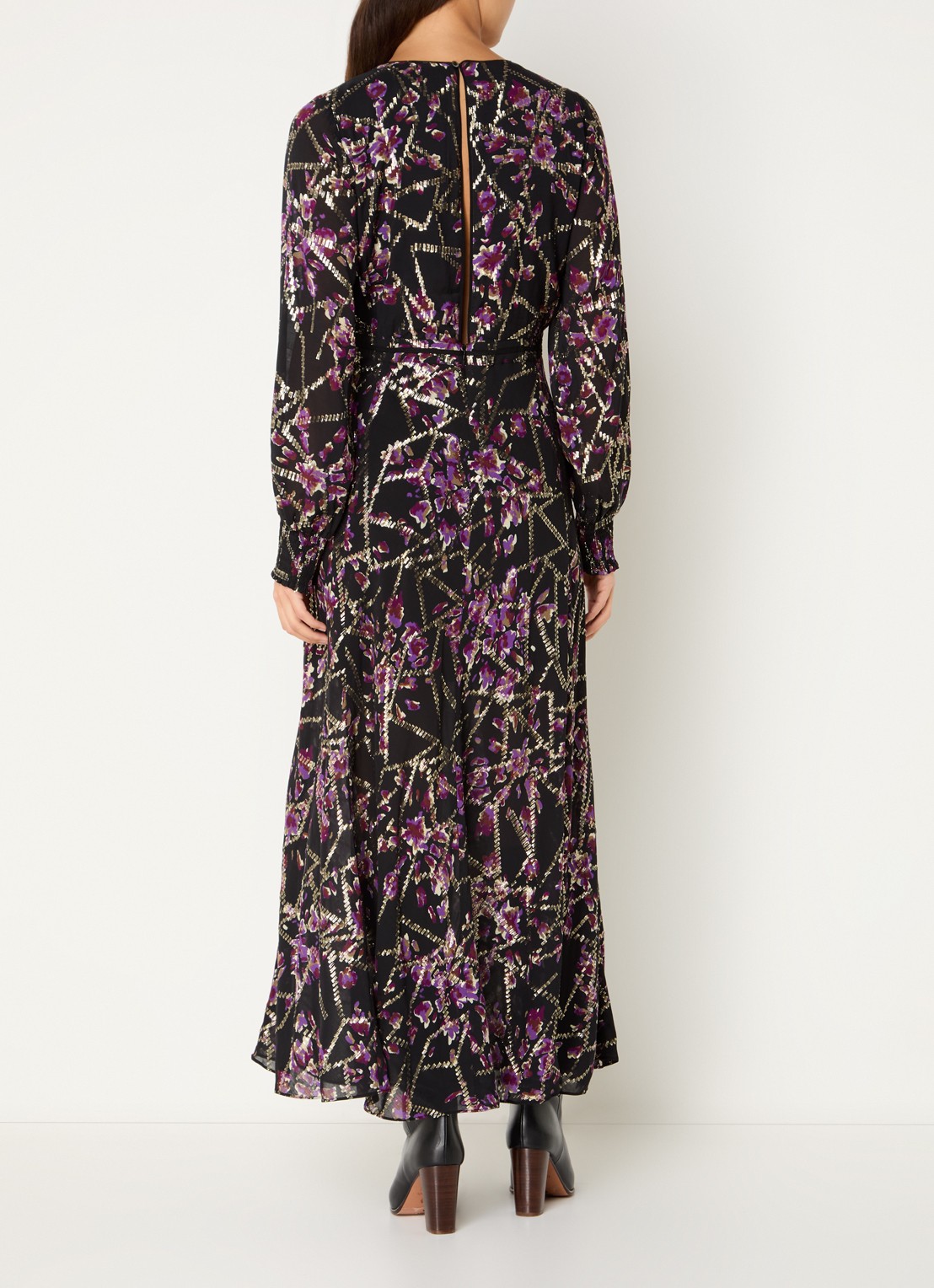 ba&sh Desir maxi tuniekjurk in zijdeblend met print en lurex - achterkant zwart