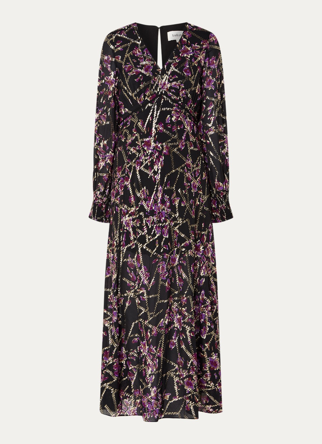 ba&sh Desir maxi tuniekjurk in zijdeblend met print en lurex - voorkant 3 zwart