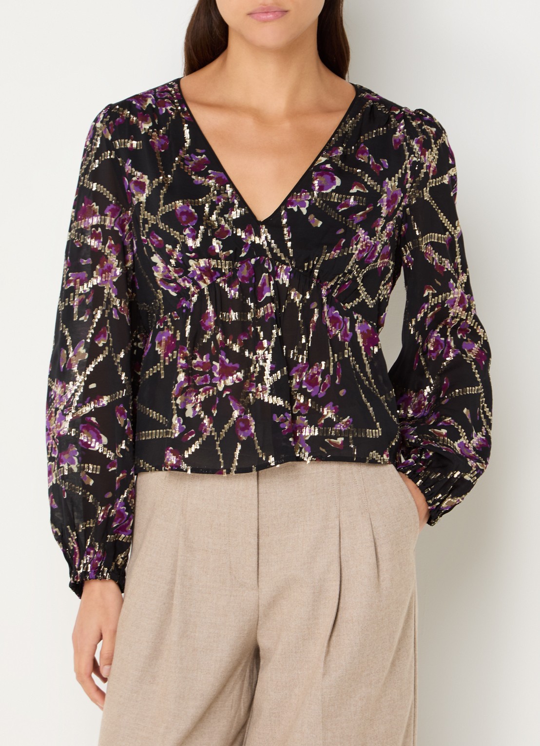ba&sh Divine top in zijdeblend met print en lurex - detail zwart
