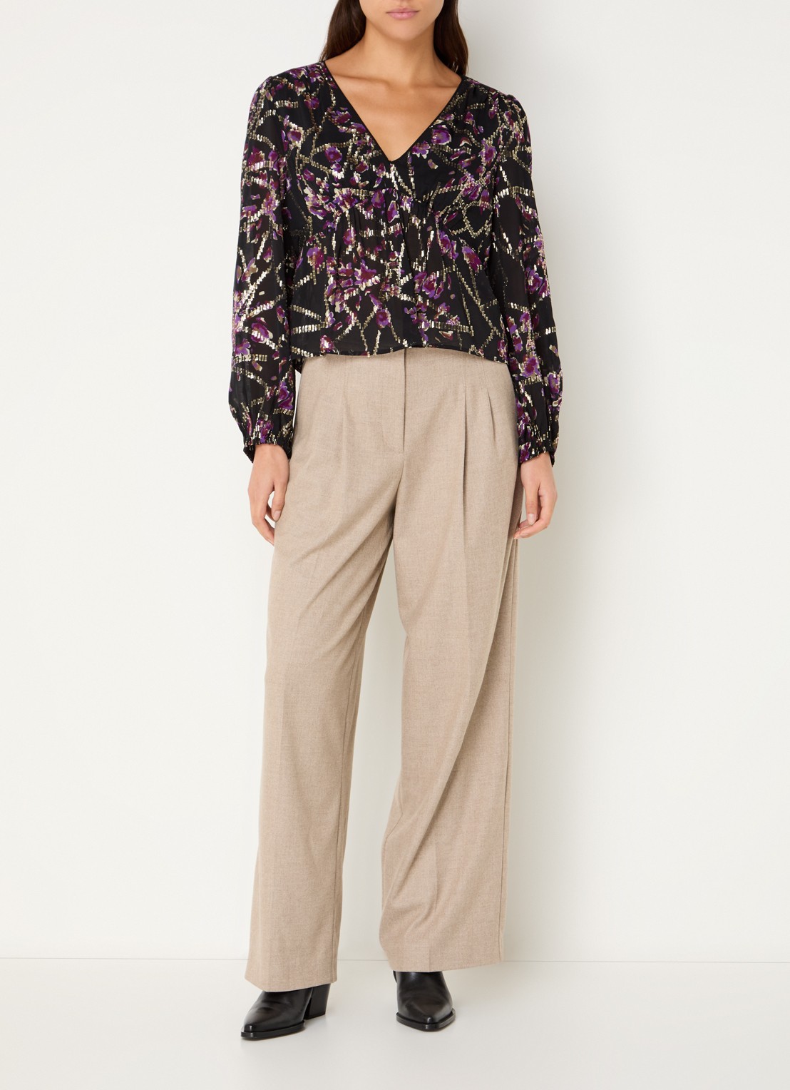 ba&sh Divine top in zijdeblend met print en lurex - voorkant 4 zwart