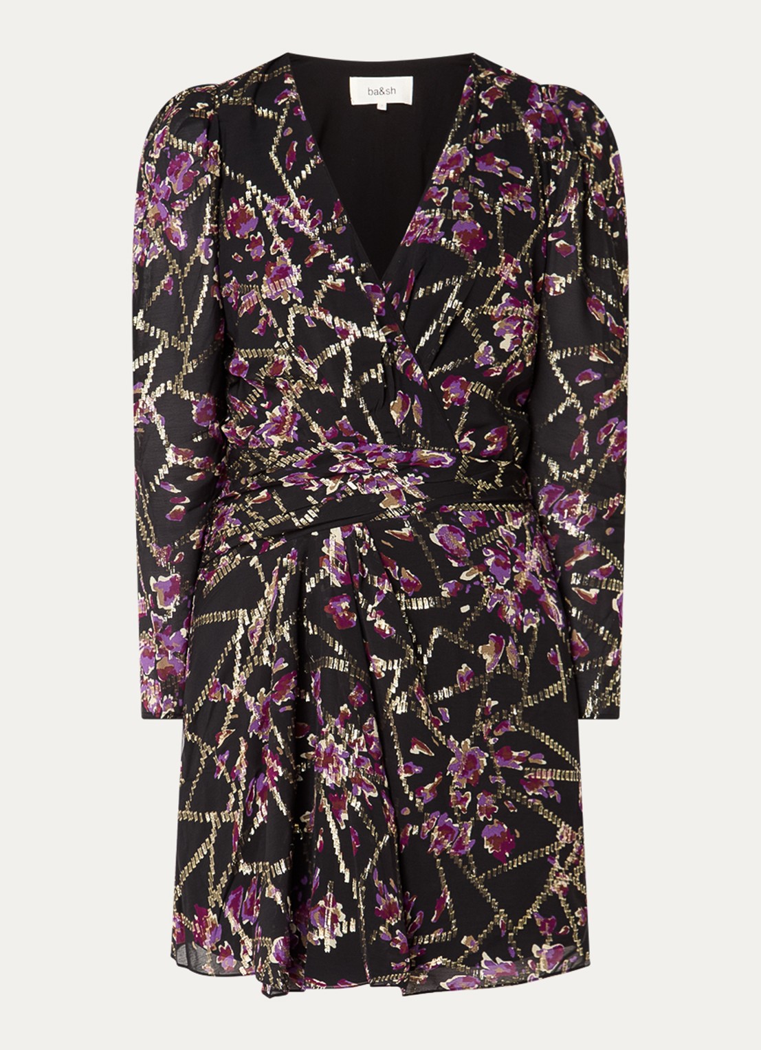 ba&sh Dola mini tuniekjurk in zijdeblend met print en lurex - voorkant 2 zwart