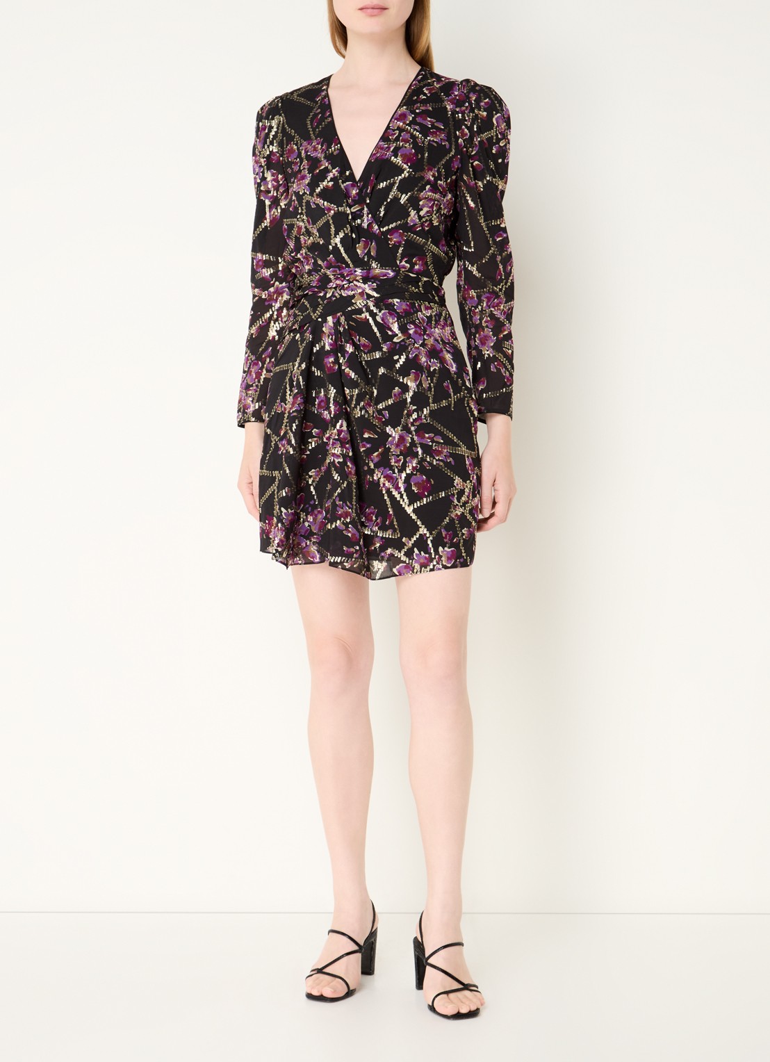 ba&sh Dola mini tuniekjurk in zijdeblend met print en lurex - voorkant 3 zwart