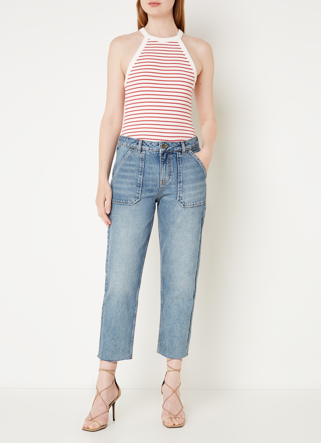 Ba&sh Elly high waist tapered fit cropped jeans met verwassen afwerking - voorkant 2 indigo