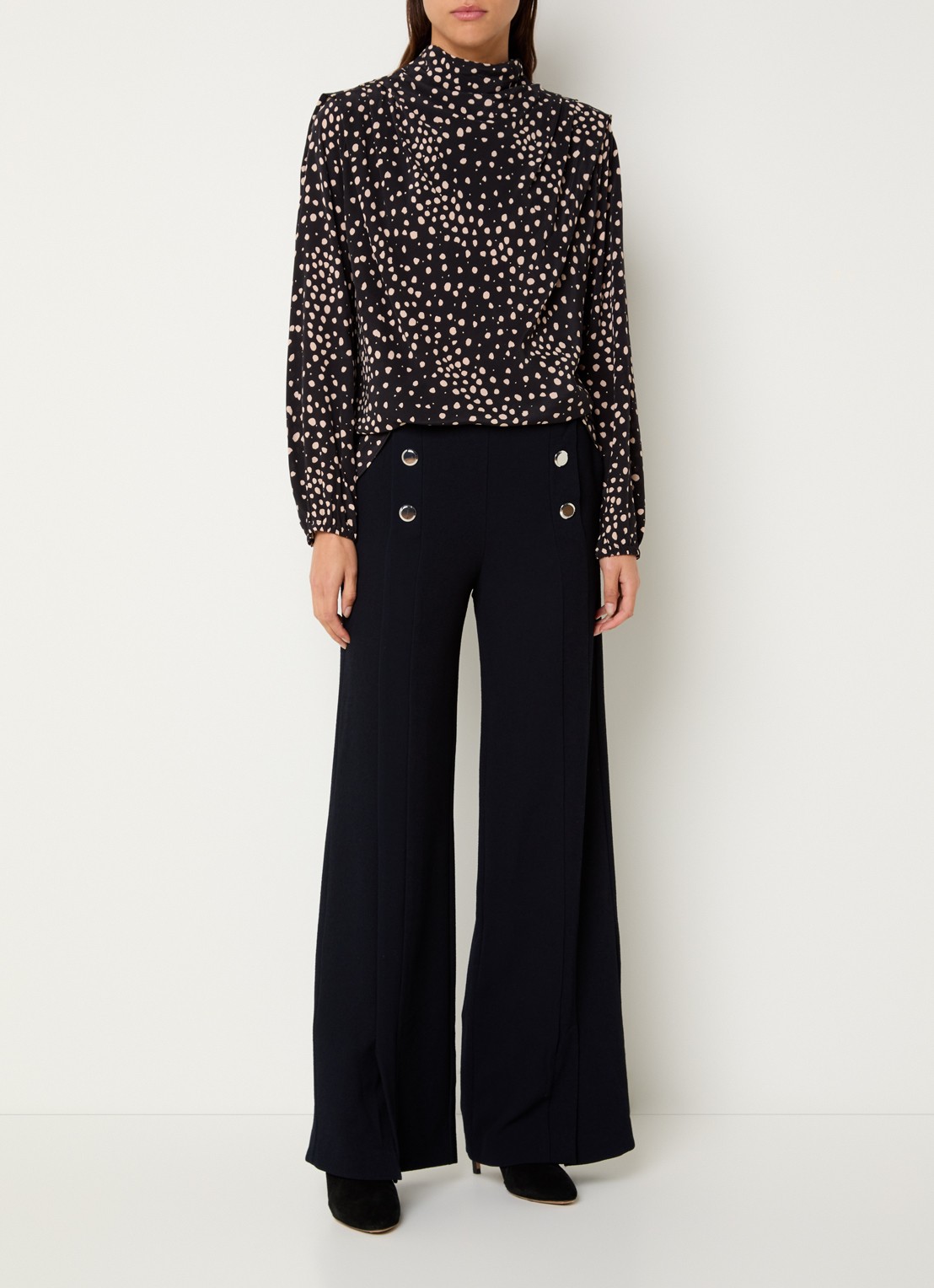 ba&sh Falcon high waist wide fit pantalon met split en sierknopen - voorkant 3 donkerblauw