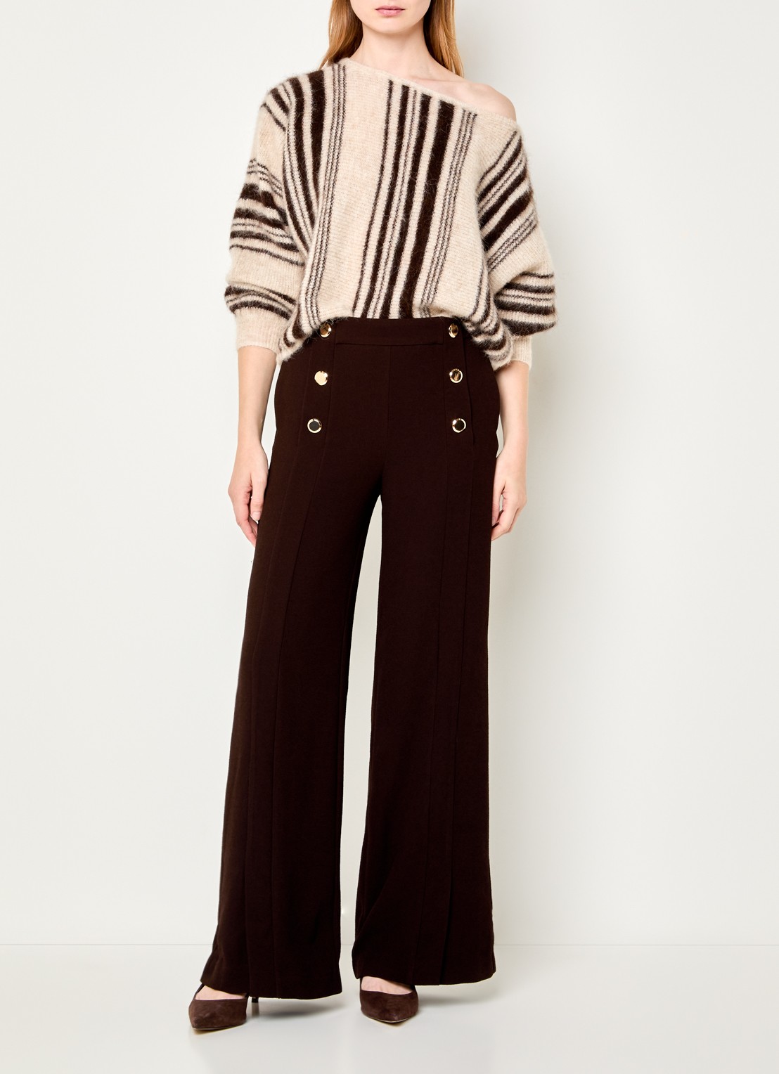 ba&sh Falcon high waist wide fit pantalon met split en sierknopen - voorkant 2 donkerbruin
