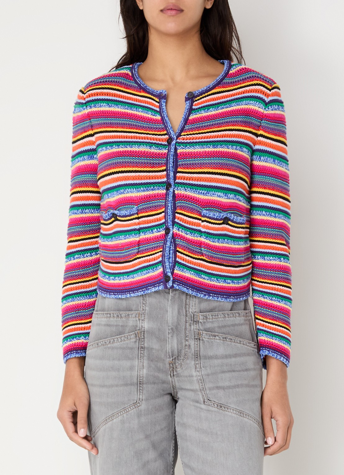 ba&sh Fanny grofgebreid vest met schoudervulling en opgestikte zakken - detail 4 blauw