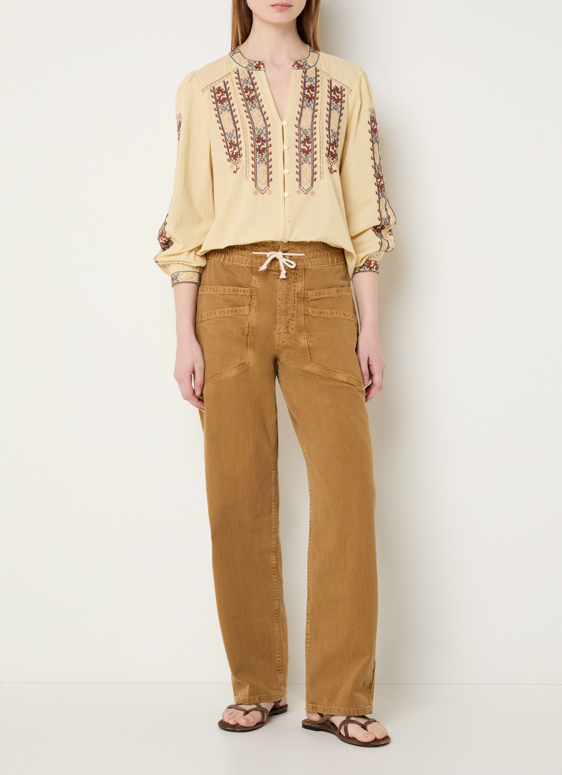 ba&sh Faustina blouse in linnenblend met borduring - voorkant 3 lichtgeel