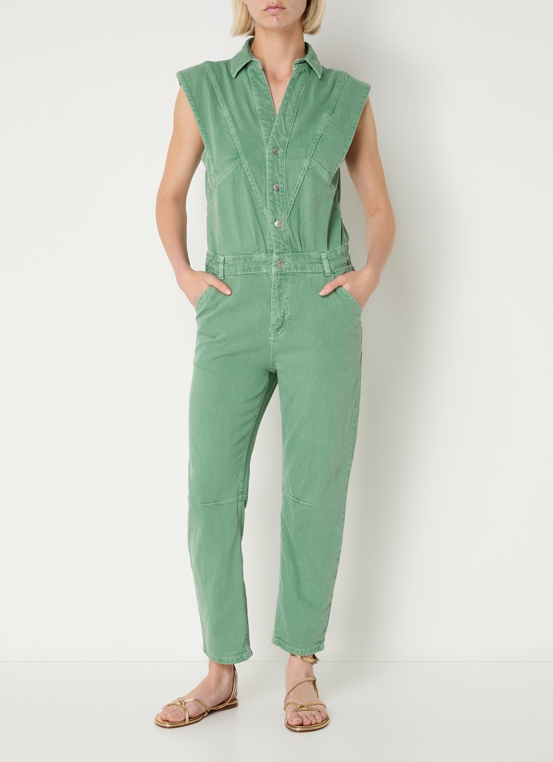 ba&sh Figo straight fit jumpsuit in linnenblend - detail 4 groen