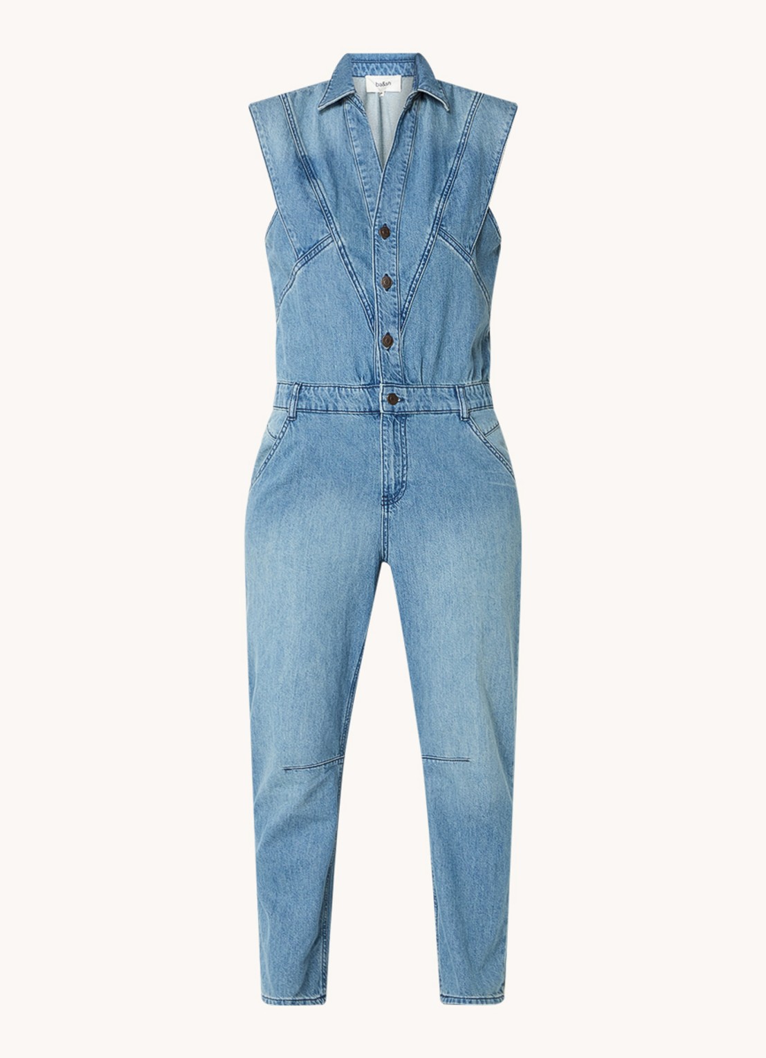 ba&sh Figo straight fit jumpsuit van denim met steekzakken - voorkant indigo