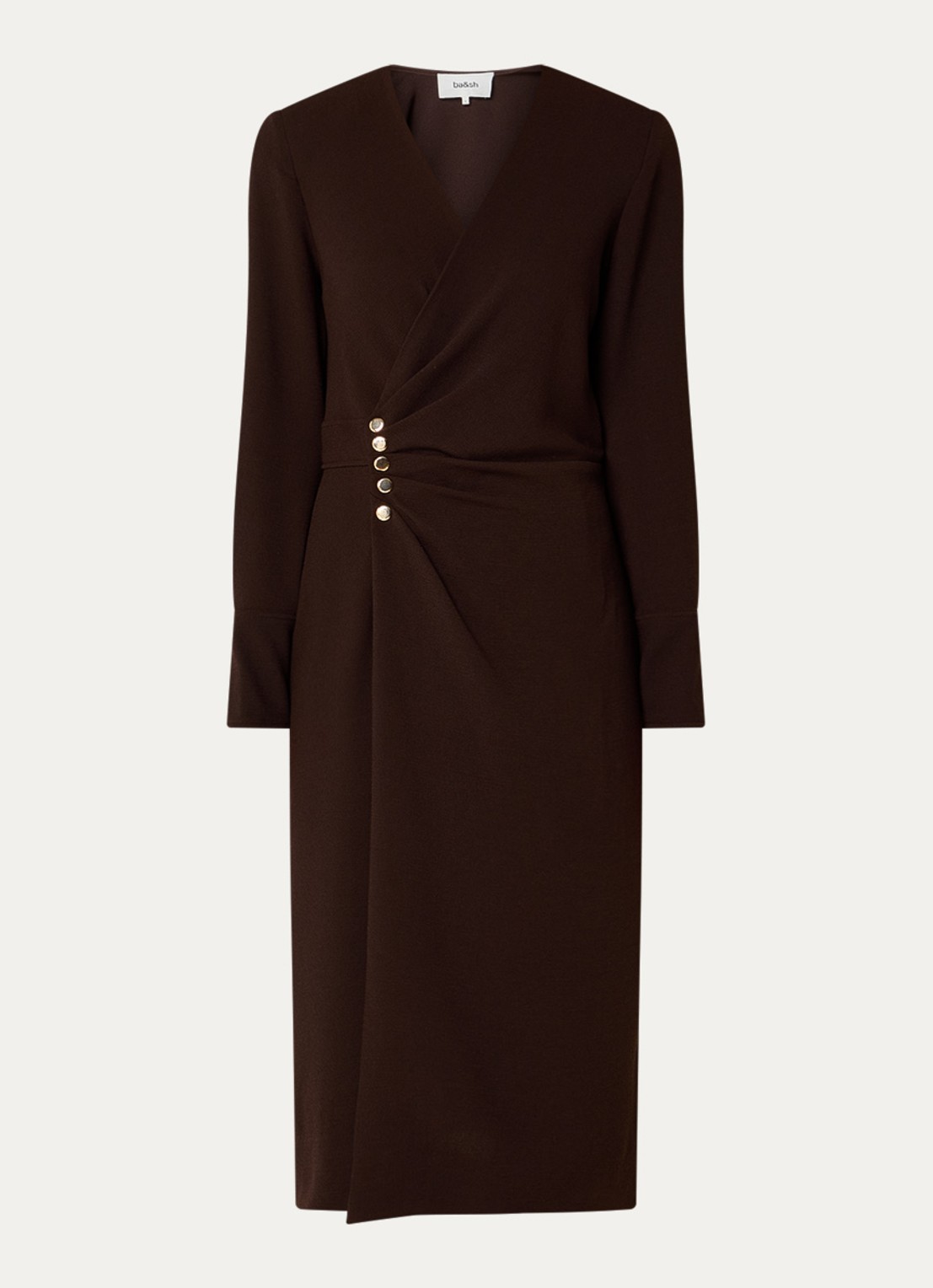 ba&sh Fiji midi jurk met split en V-hals - voorkant 3 donkerbruin