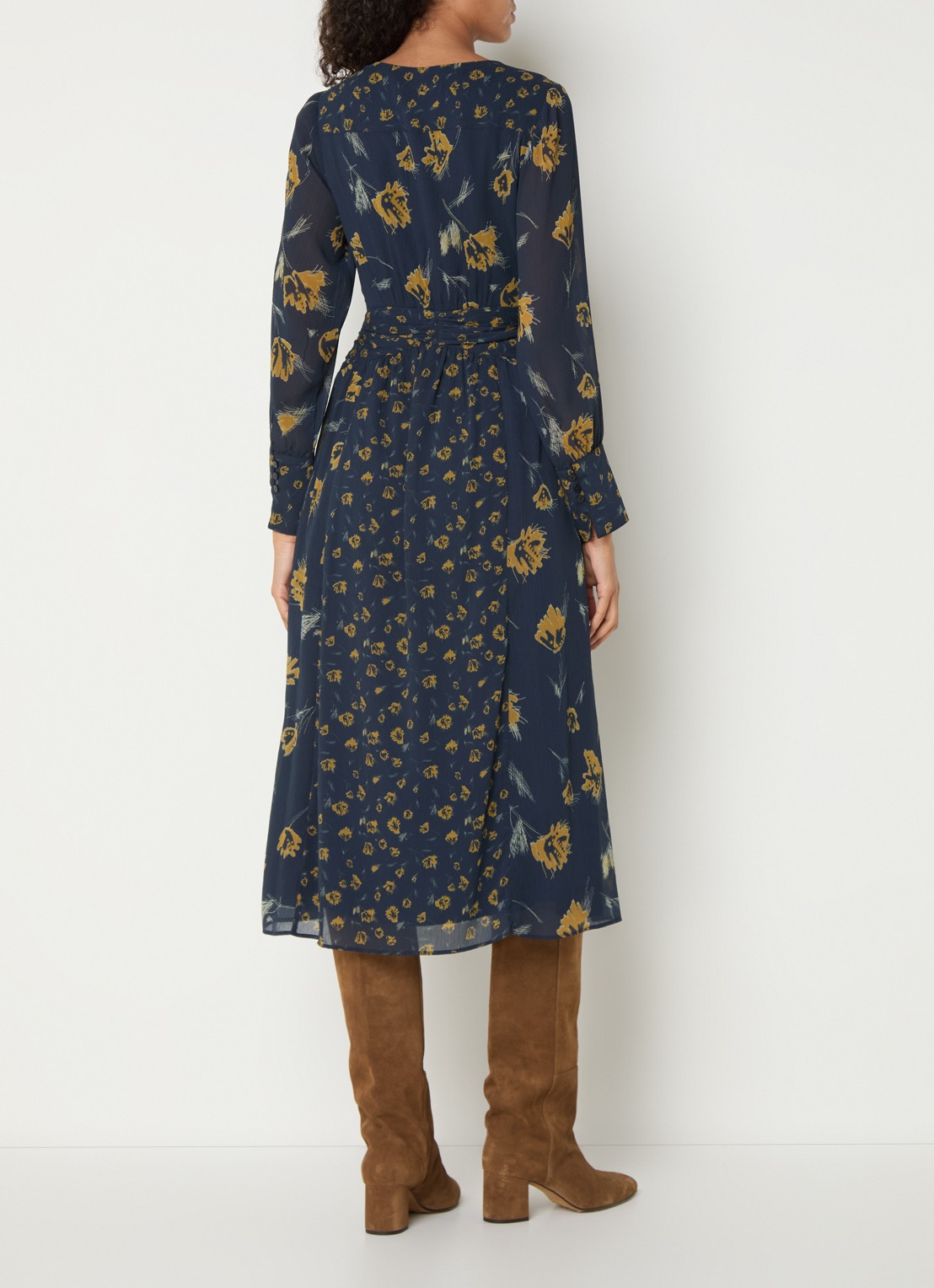 ba&sh Finaya midi tuniekjurk met bloemenprint - achterkant 4 donkerblauw