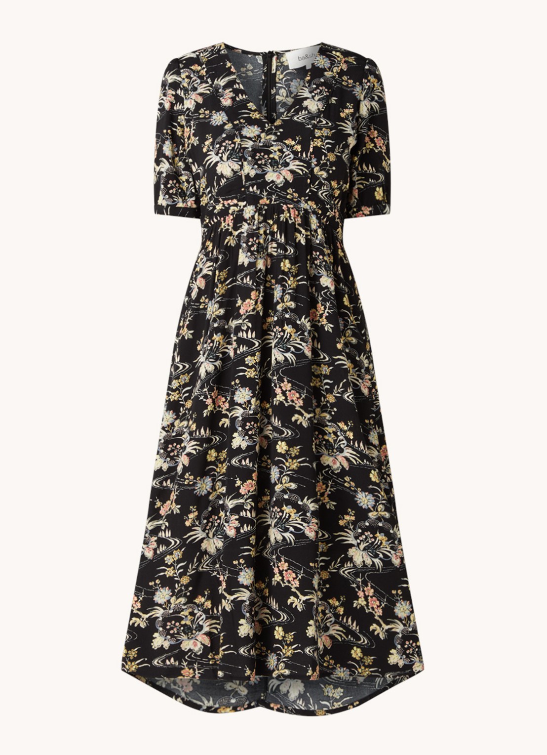 Ba&sh Floe midi jurk met bloemenprint en V-hals  - voorkant 3 zwart