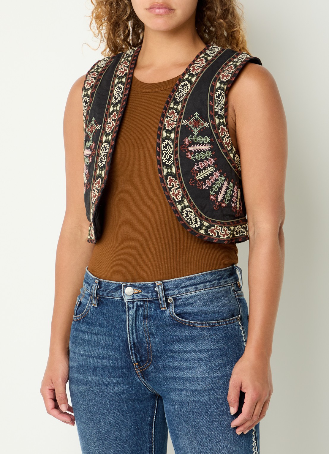 ba&sh Fosca gilet in linnenblend met borduring - detail antraciet