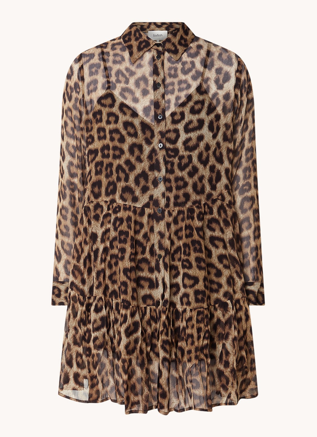 ba&sh Fusion mini blousejurk met panterprint - voorkant camel