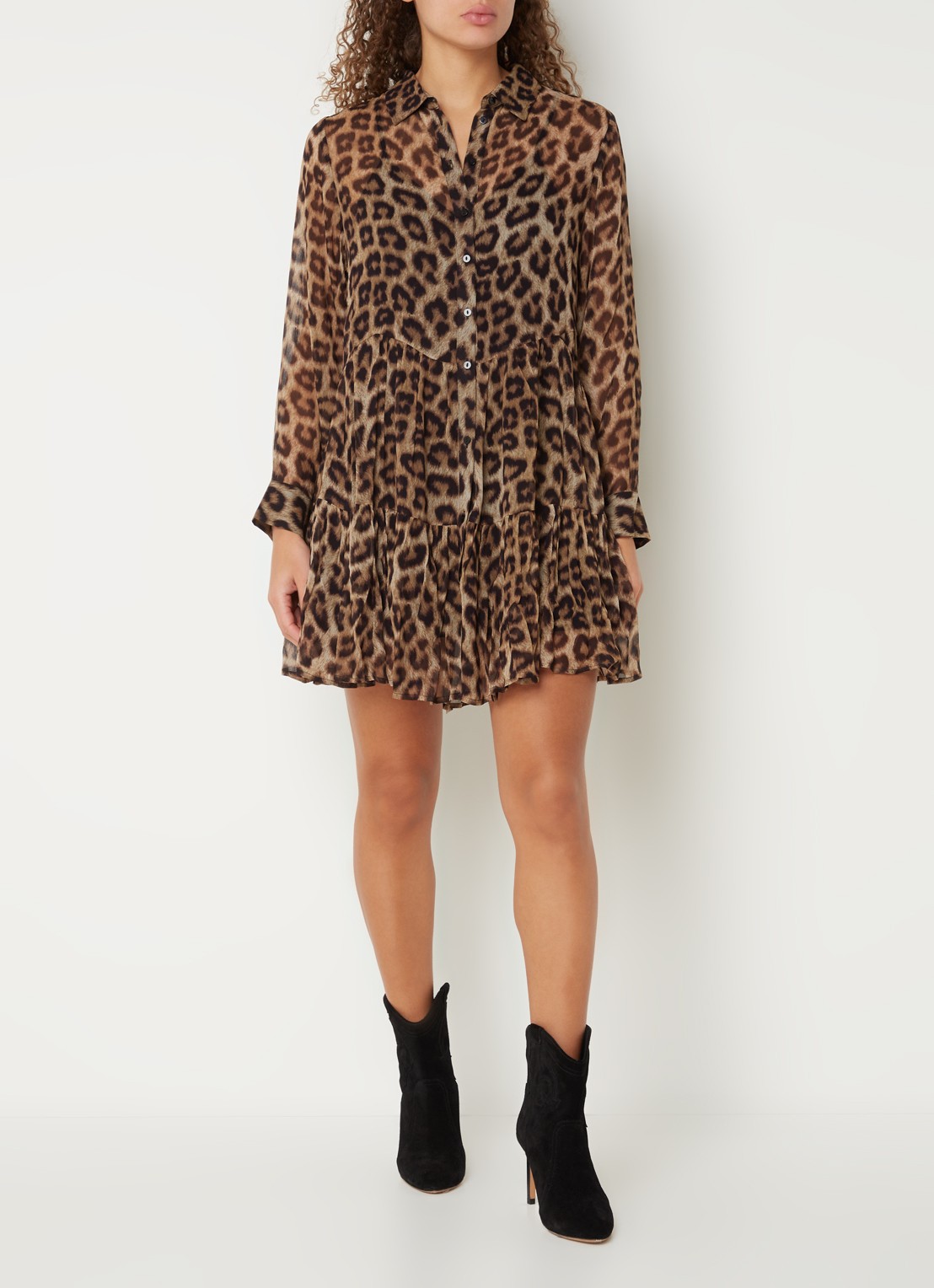 ba&sh Fusion mini blousejurk met panterprint - voorkant 2 camel