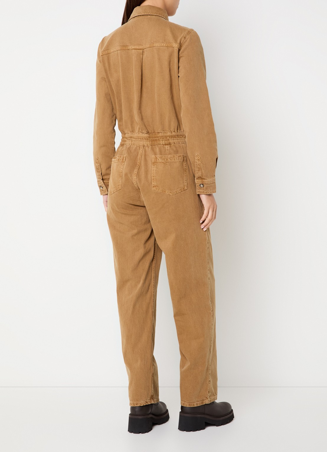 ba&sh Fyorella straight fit jumpsuit in linnenblend met opgestikte zakken - achterkant 4 camel