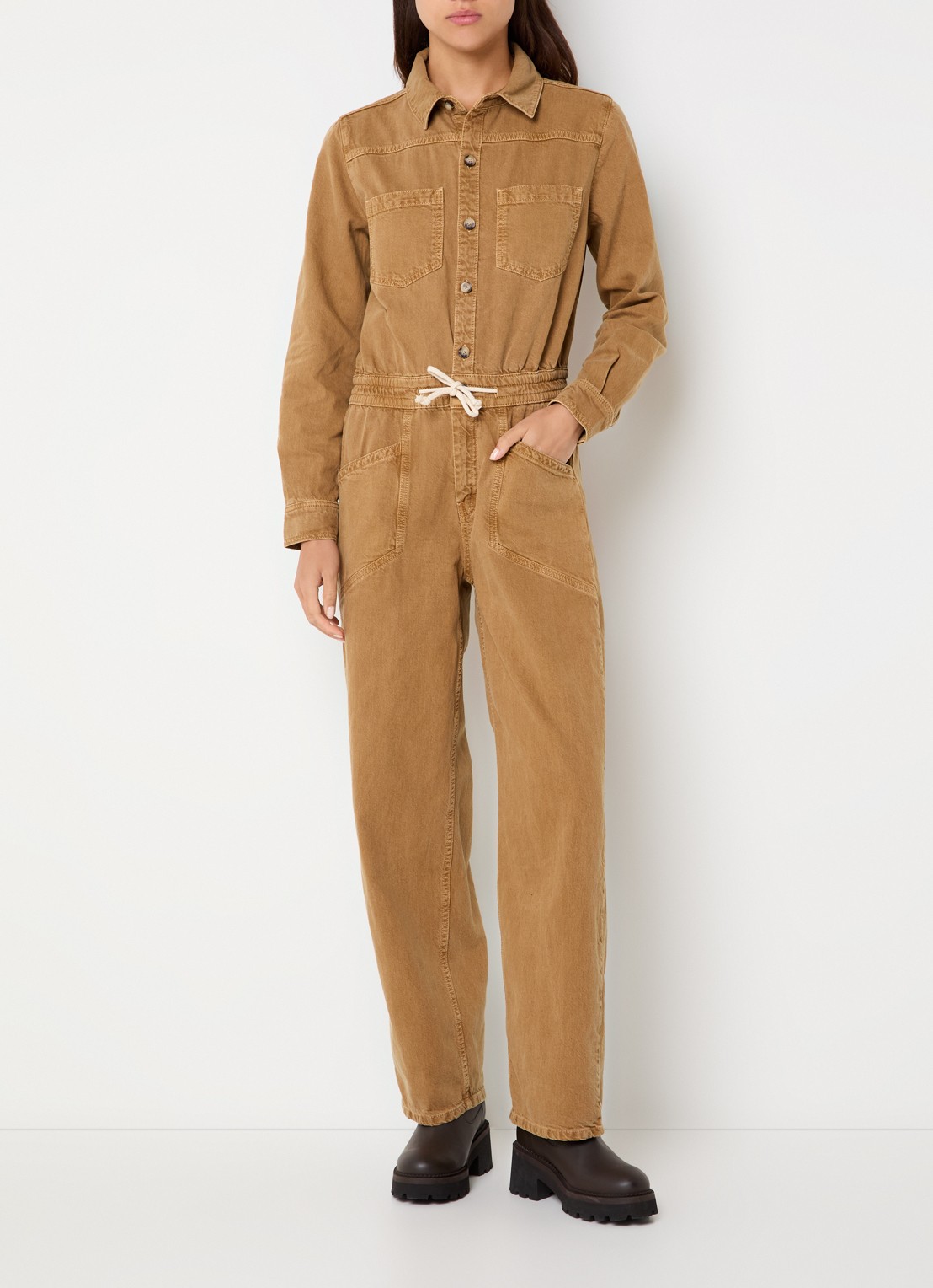 ba&sh Fyorella straight fit jumpsuit in linnenblend met opgestikte zakken - detail 3 camel