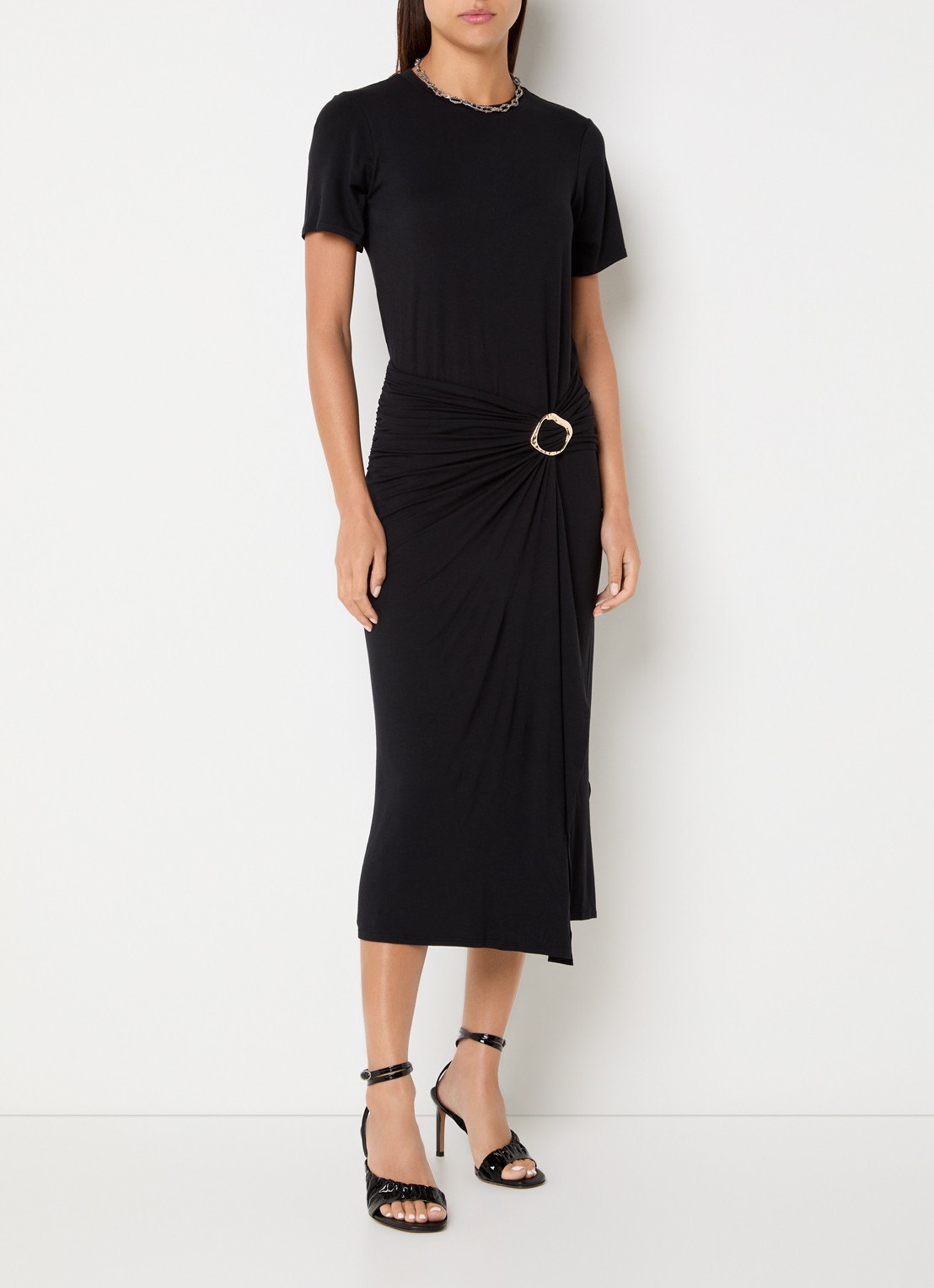 ba&sh Galtea asymmetrische midi jurk van jersey met split - detail zwart
