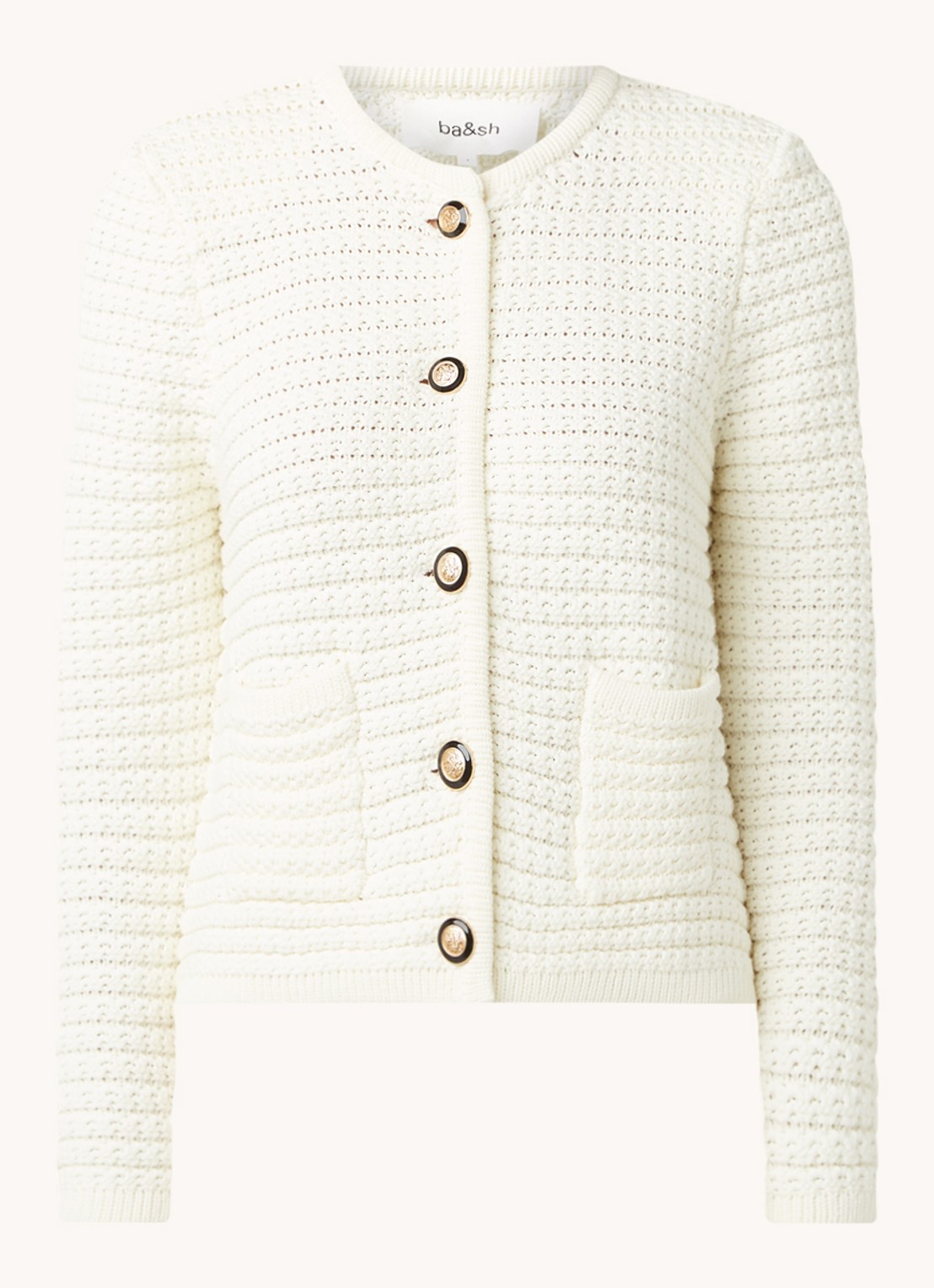 Ba&sh Gaspard grofgebreid cropped vest met schoudervulling - voorkant 2 gebroken wit