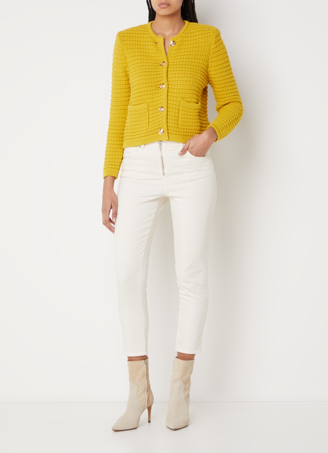ba&sh Gaspard grofgebreid vest met opgestikte zakken en schoudervulling - voorkant 3 geel