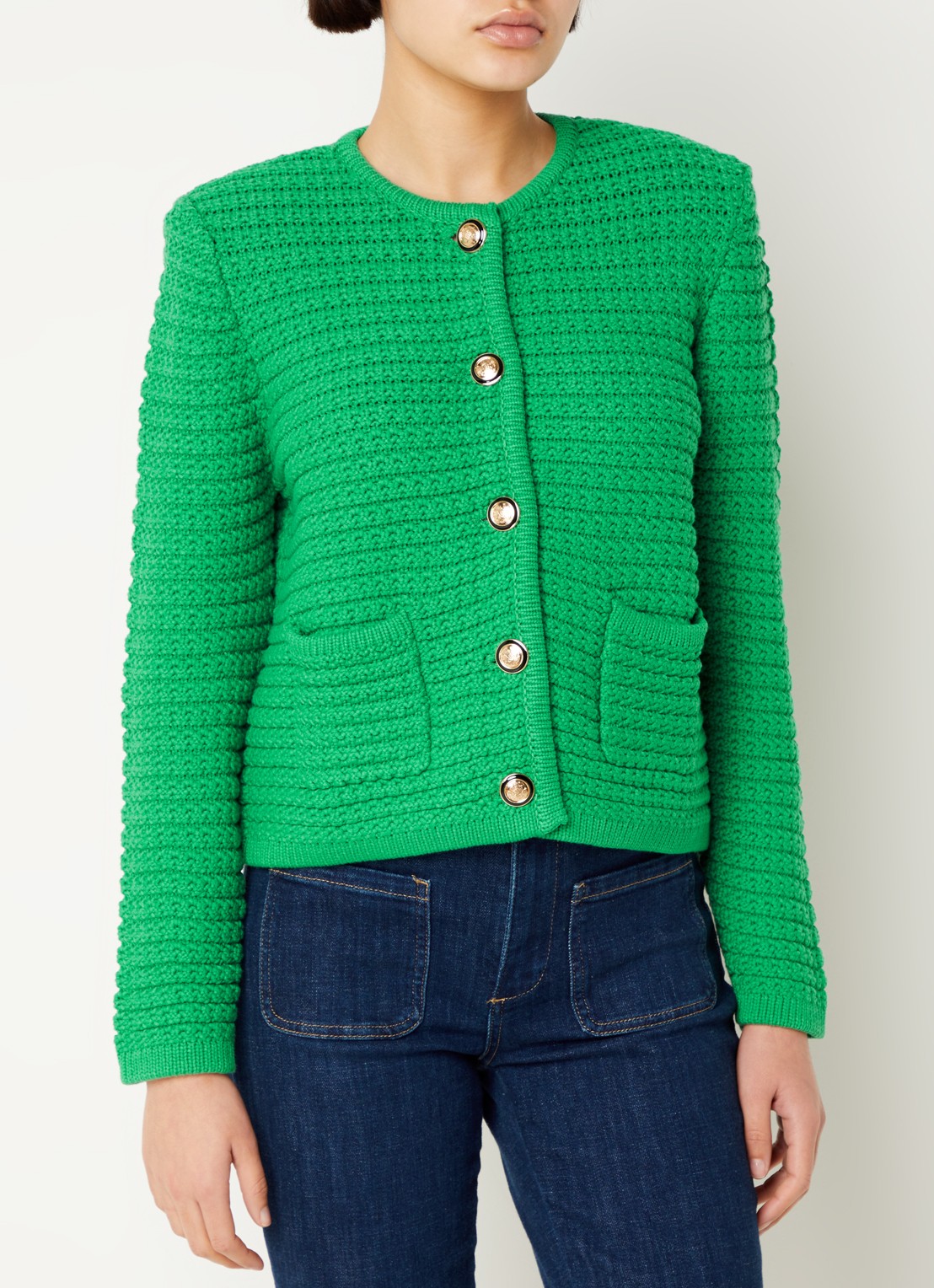 ba&sh Gaspard grofgebreid vest met opgestikte zakken en schoudervulling - detail 2 groen